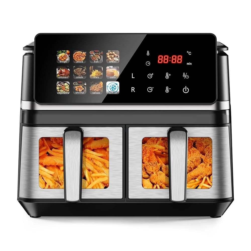 10Qt Dual Basket Air Fryer Oven with Viewing Windows, 2 Independent 5Qt Nonstick Baskets, Digital Double Air Fryers with Sync Finish, Hi-Fry and Auto Shutoff, Dishwasher Safe, Black