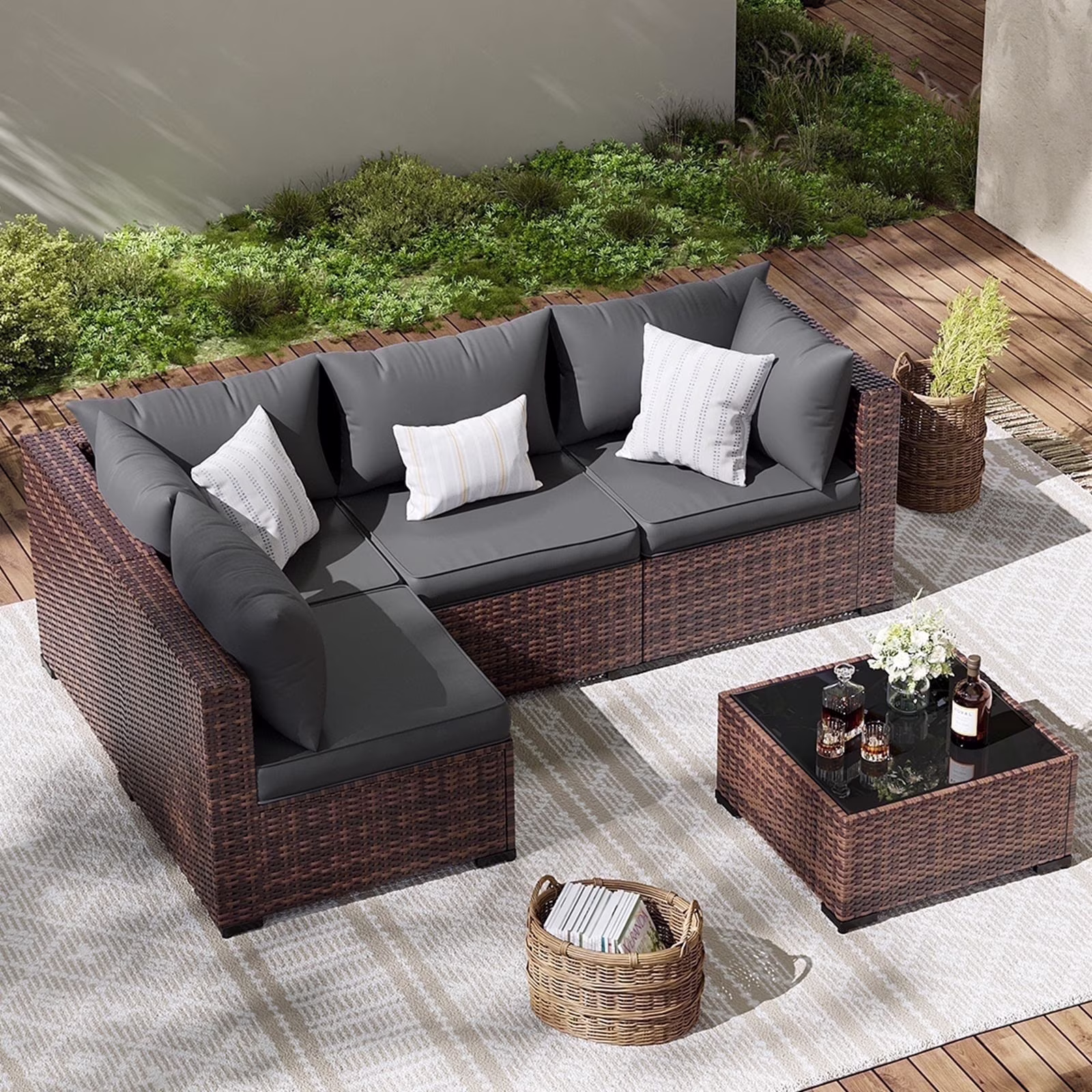 ELPOSUN Patio Furniture Set, Outdoor Patio Furniture Wicker Furniture Couch Set, 5 Pieces Outdoor Sectional Sofa, Patio Furniture Set, Outdoor Patio Set for Balcony Furniture (Grey)