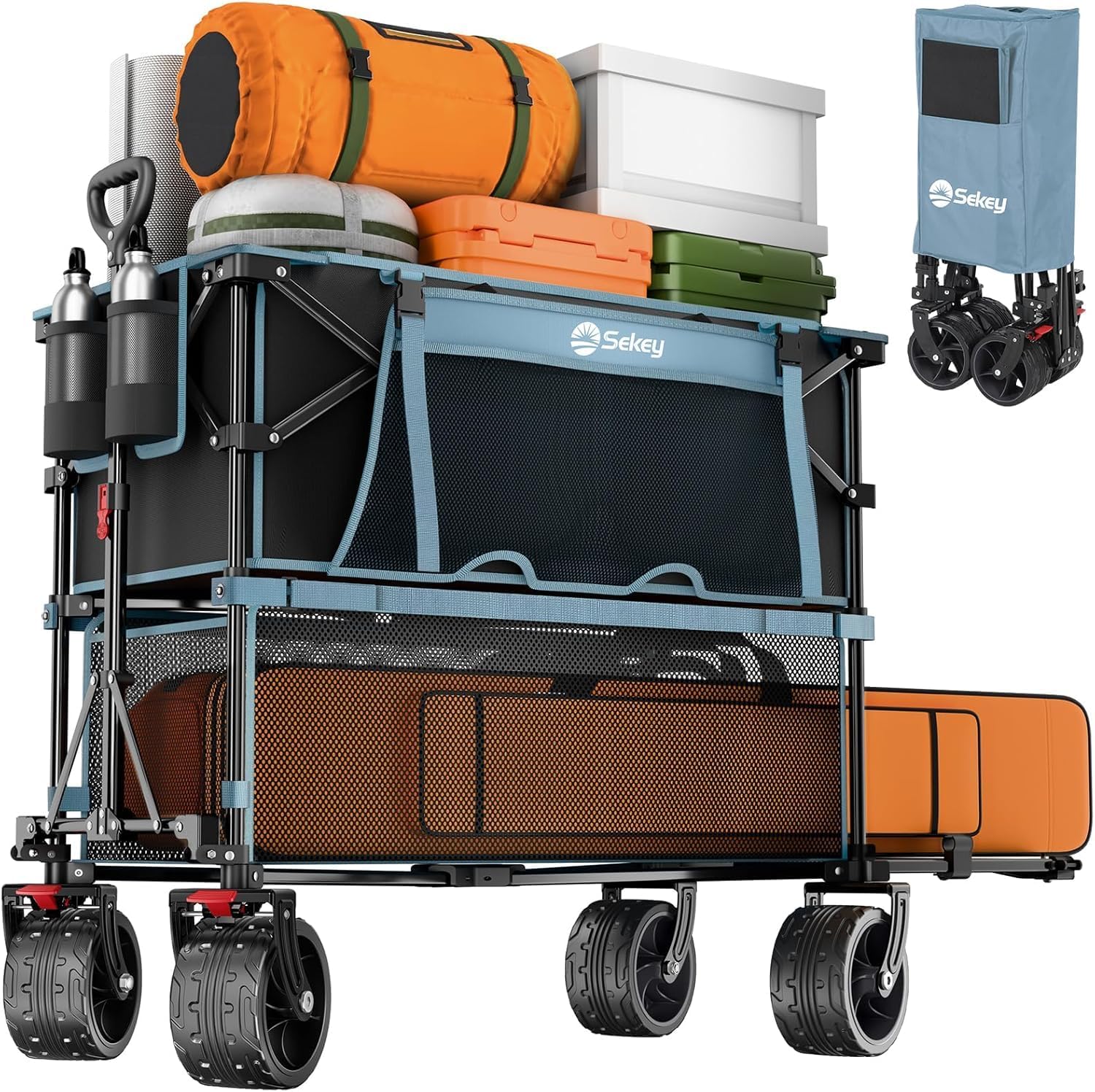 Chariot pliant à deux étages grande capacité 400 L avec freins et rallonge extra longue de 50 pouces