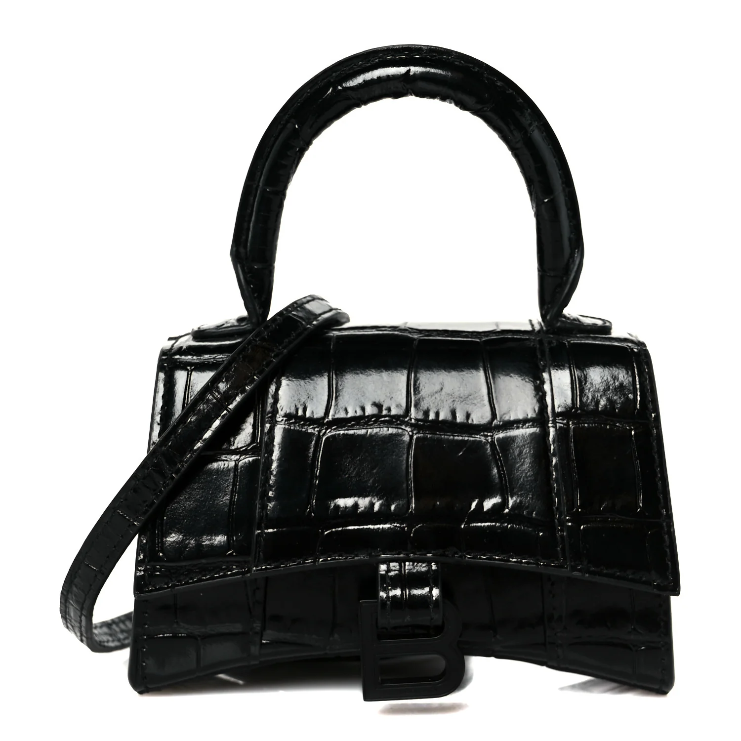 Shiny Calfskin Monochrome Crocodile Embossed Hourglass Top Handle Bag Mini Black