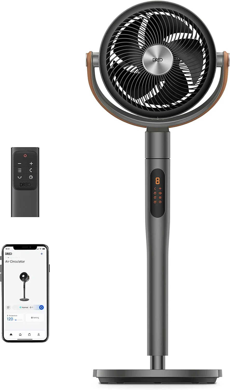 Ventilateur intelligent Dreo pour chambre, ventilateur sur pied oscillant omnidirectionnel 120° + 105° avec télécommande, portée de 30 m, silencieux, Wi-Fi/commande vocale/Alexa, 6 modes, 8 vitesses, hauteur réglable de 94 à 109 cm, minuterie 12 h, m