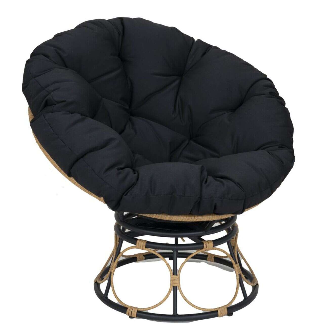 Fauteuil rond pivotant Bali coussin noir et plastique brun 95x81xH85cm