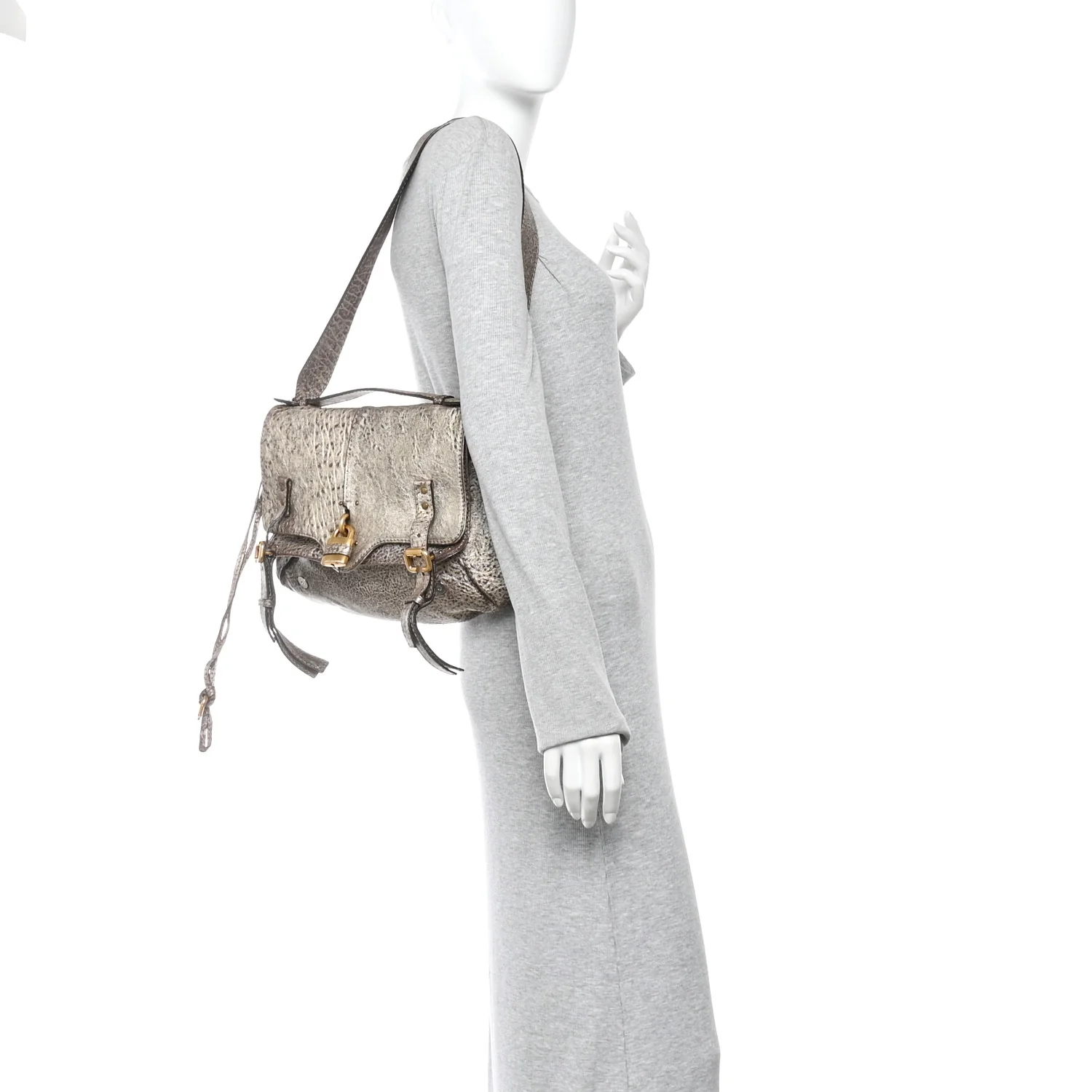 Metallic Pebbled Lambskin Paddington Satchel Grey