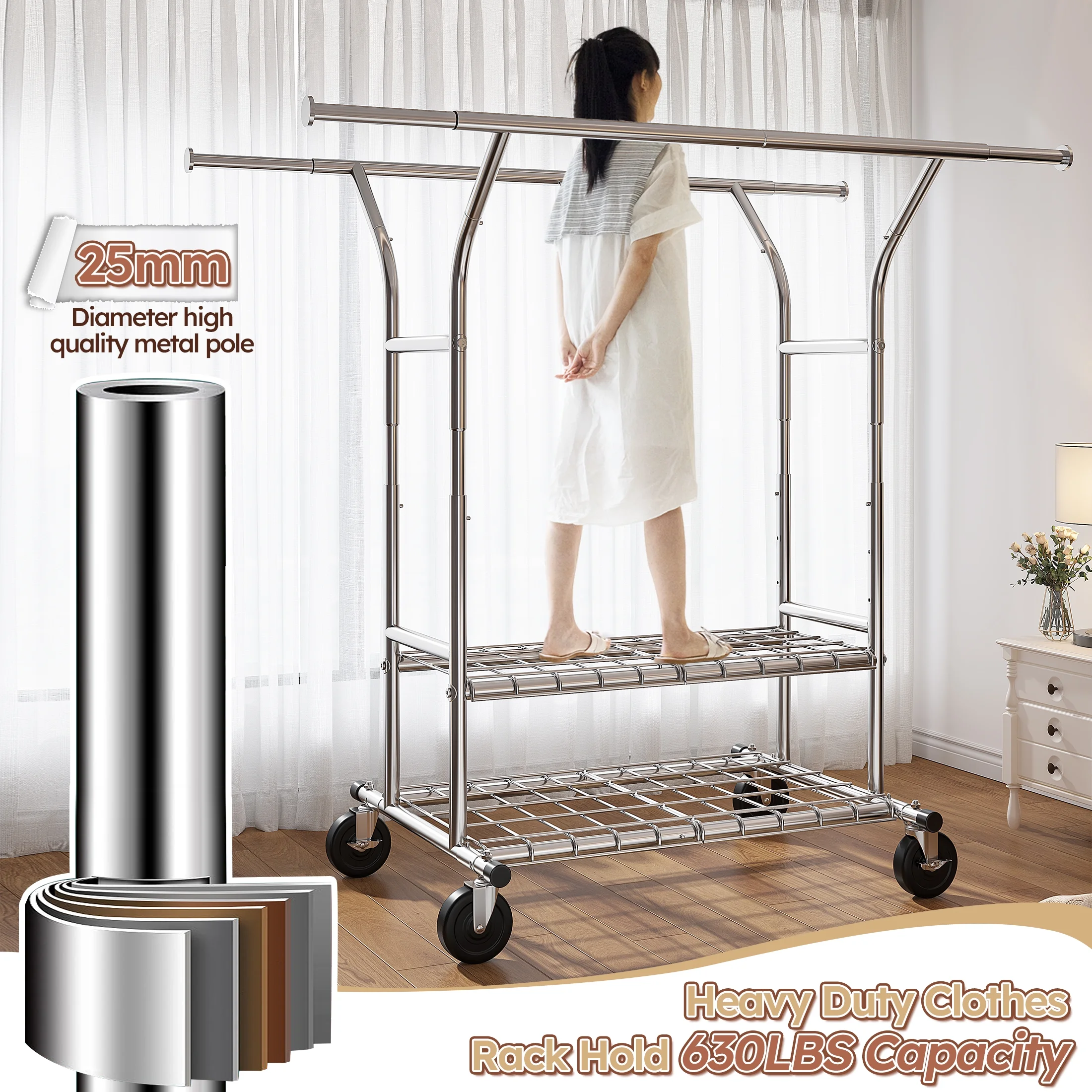 Clothes Rack with Wheels, Heavy - Duty Garment Rack for Hanging Clothes, Adjustable Freestanding Wardrobe Organizers and Storage with Double Sheves