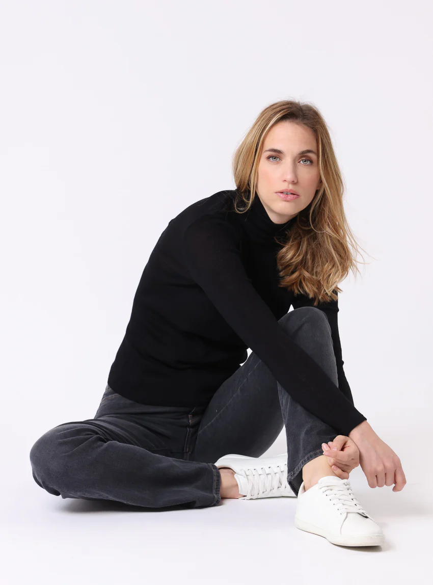 Pull chaussette col roulé laine et soie noir