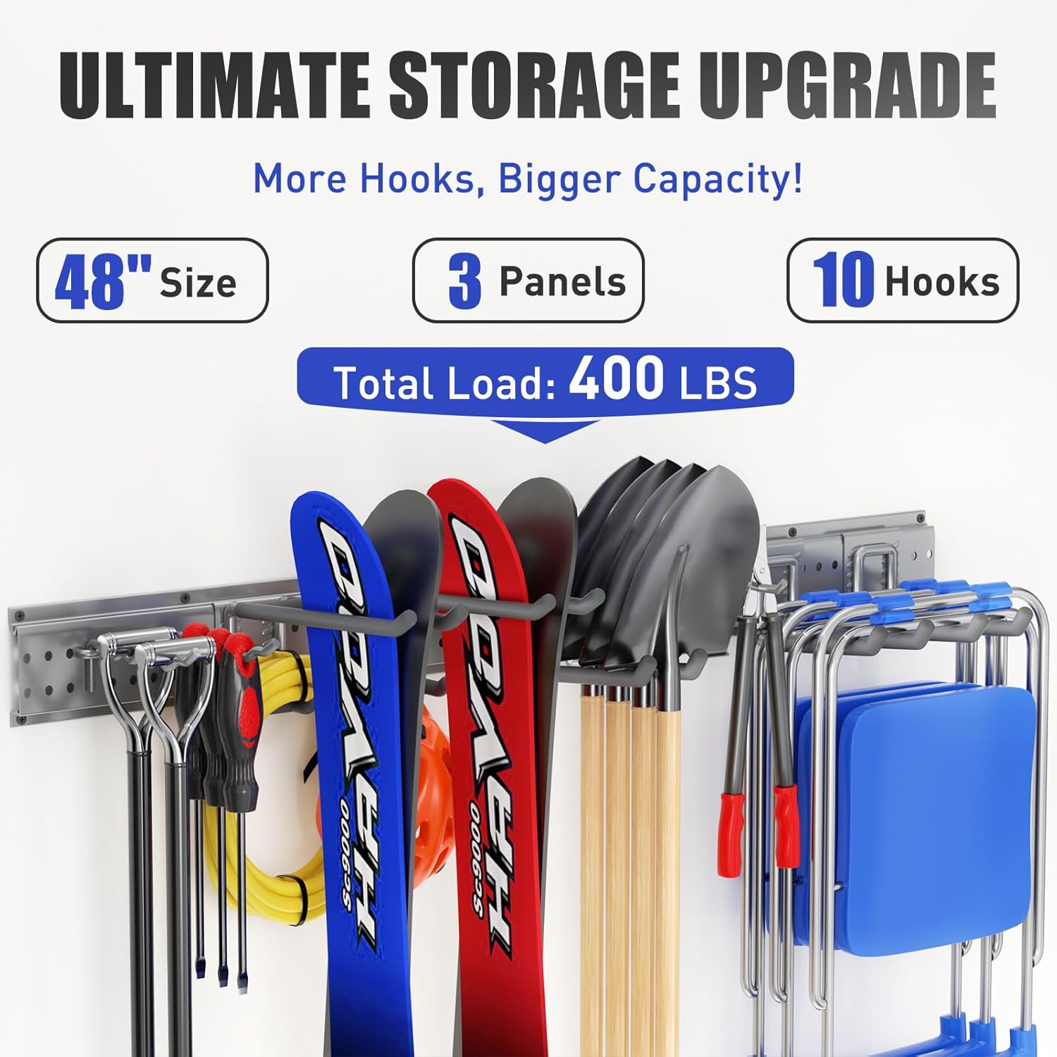 Garage Tool Organizer Wall Mount 49.5 inches with 10 Adjustable Heavy-Duty Hooks, Garage Organization, Garden Tool Storage Rack, for Yard and Shed, Holds Up to 400 lbs (Grey)