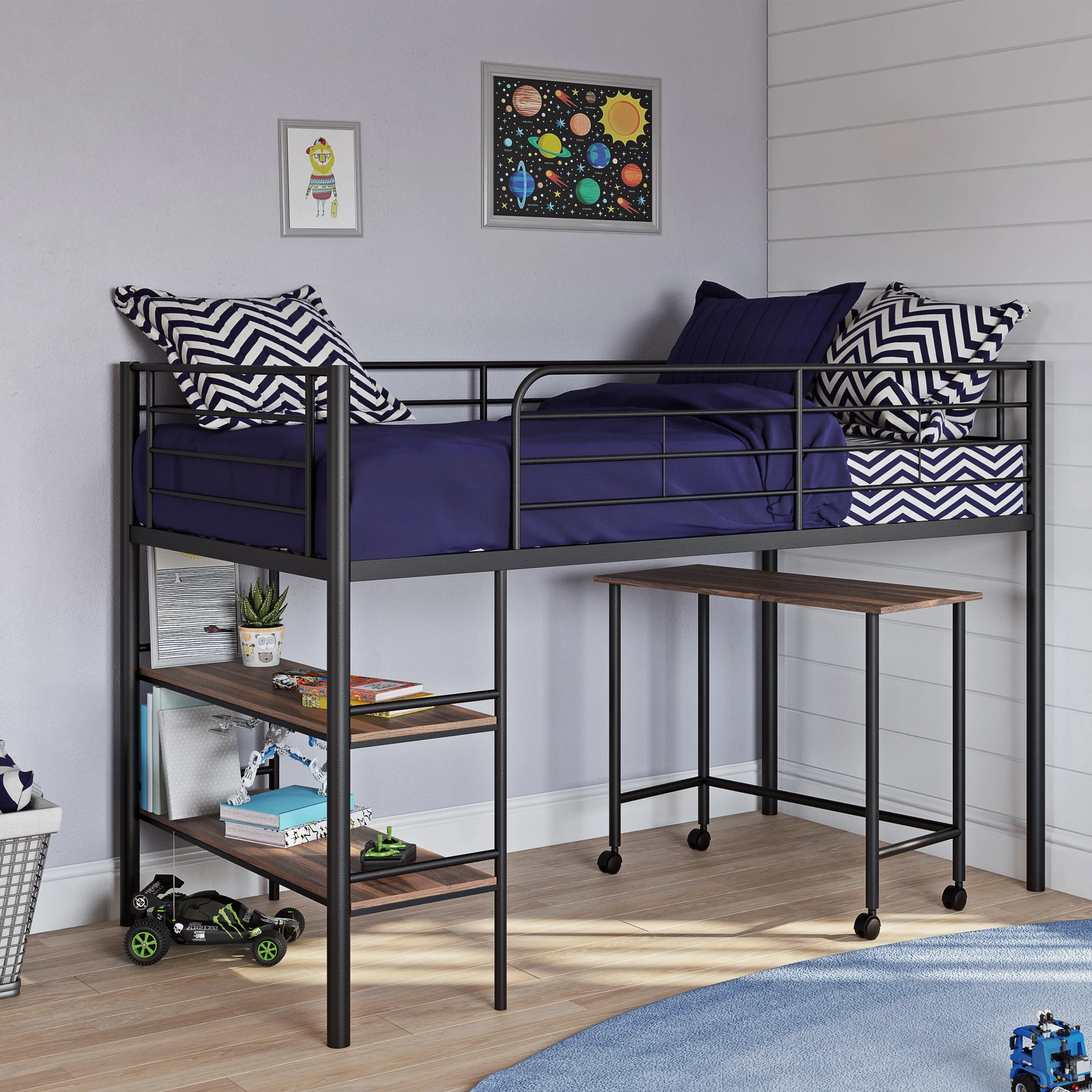 Your Zone Beckett Kids Metal Twin Loft Bed with Open Book Shelf, Multiple Finishes(Black)