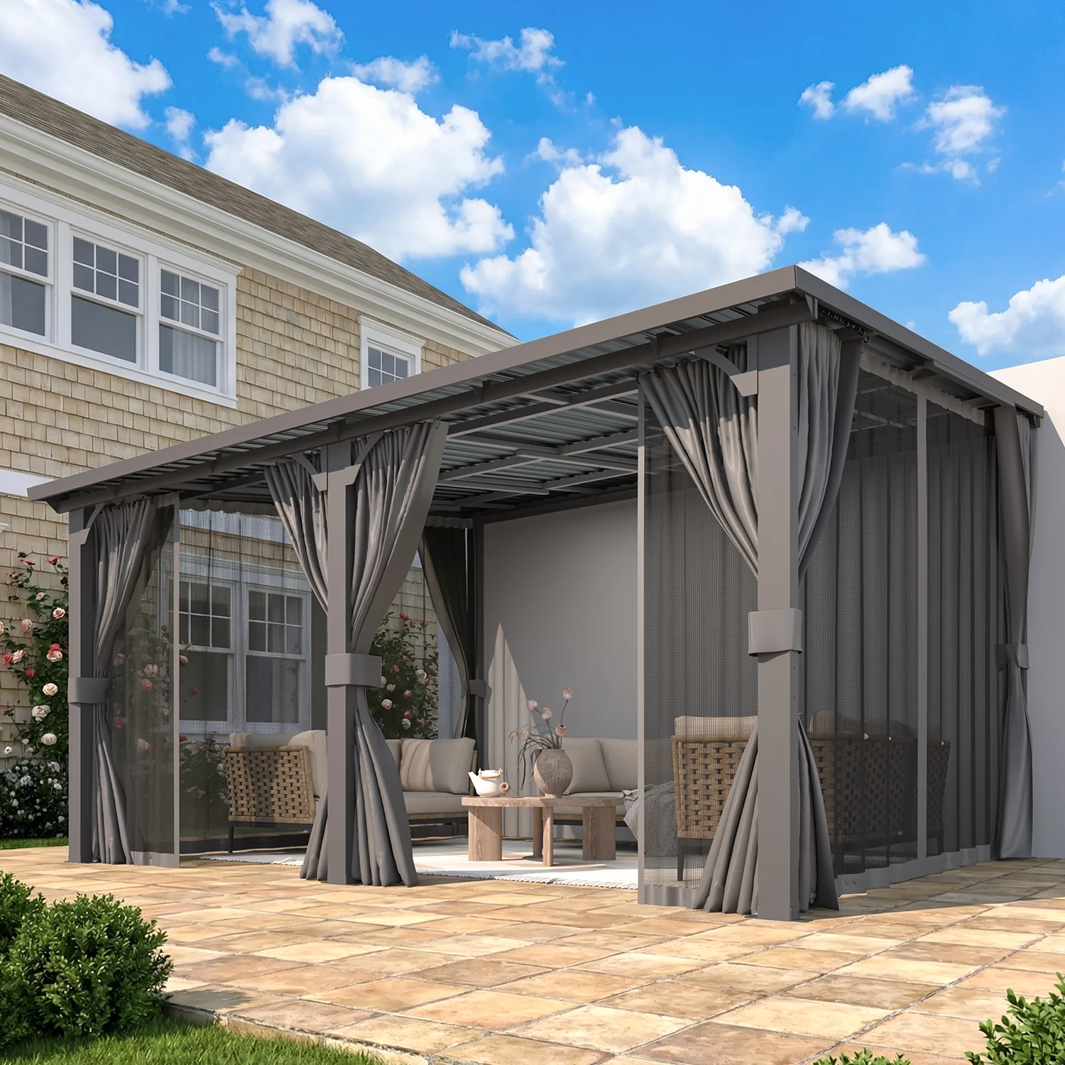 AECOJOY 14'x12' Outdoor Hardtop Metal Gazebo with Curtain and Netting
