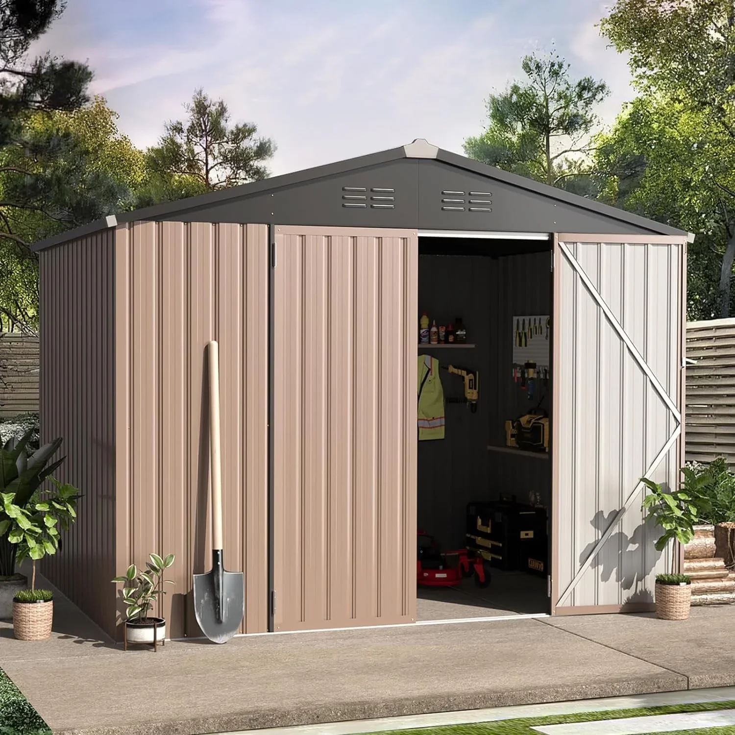 YODOLLA 8 x 6 ft. Outdoor Metal Storage Shed with Lockable Door for Garden Tools in Brown