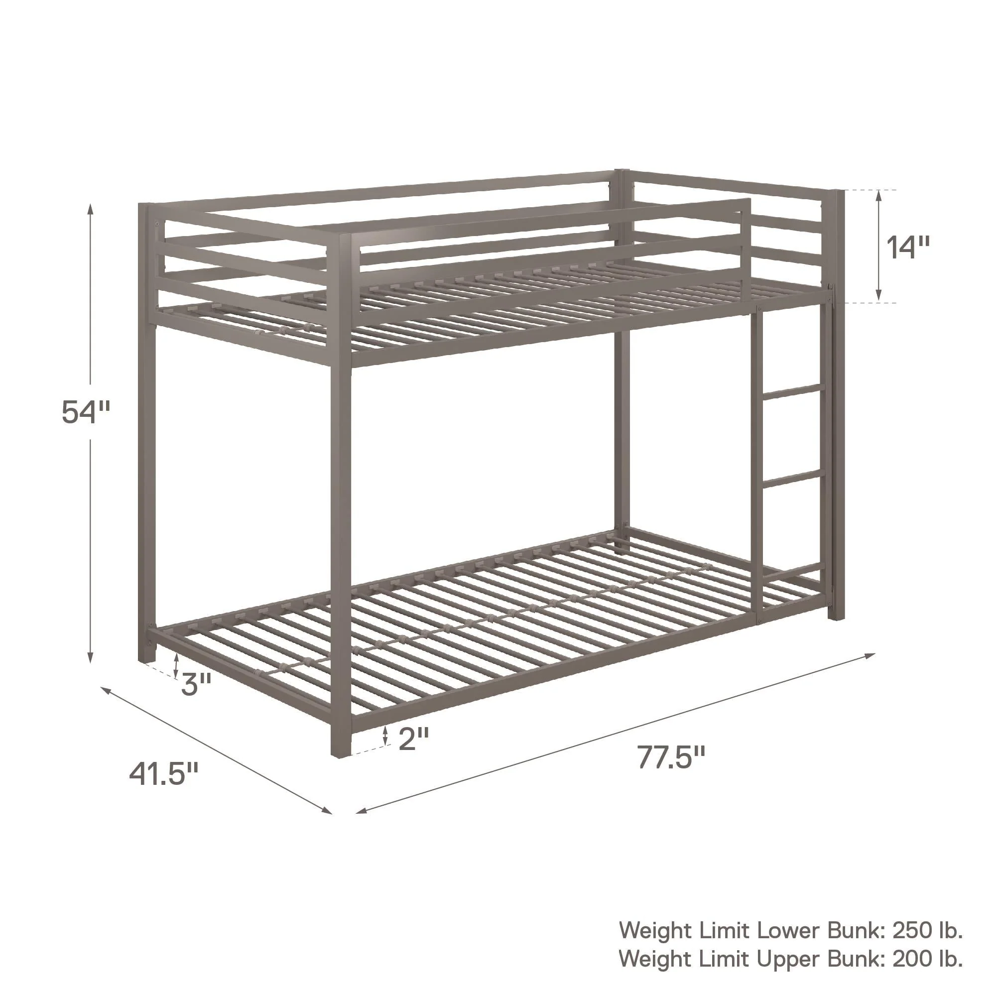 DHP Miles Low Bunk Bed for Kids, Twin Over Twin, Silver