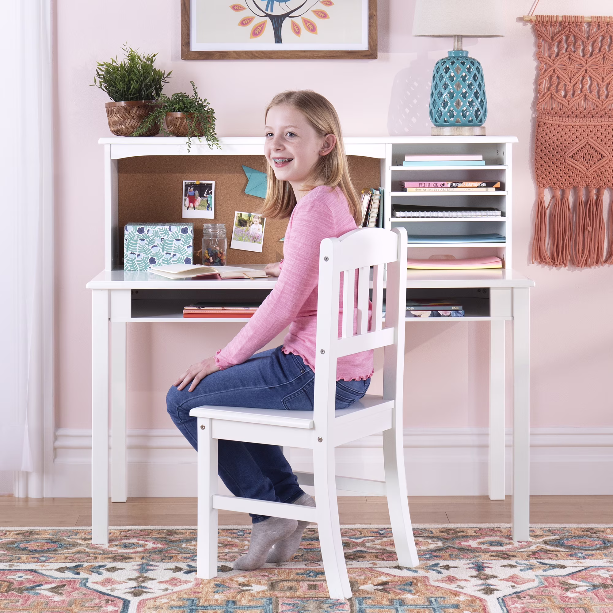 Kids Media Desk and Chair Set Gray: Kids Desk and Chair Set, Study Table for Kids with Hutch and Shelf, Wood Bedroom Furniture Set(Gray) - Image 7