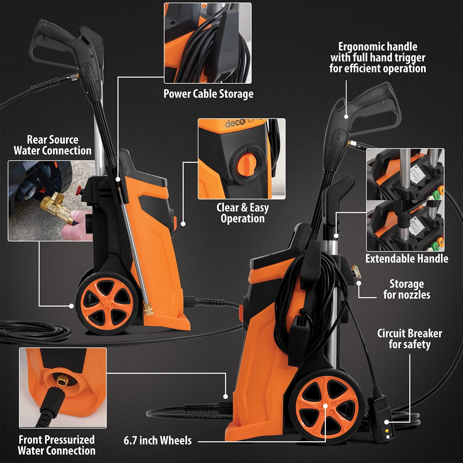 Deco Home 1800W Electric Pressure Washer Auto Stop Water Gun 4 Spray Nozzle Attachments Self Suction