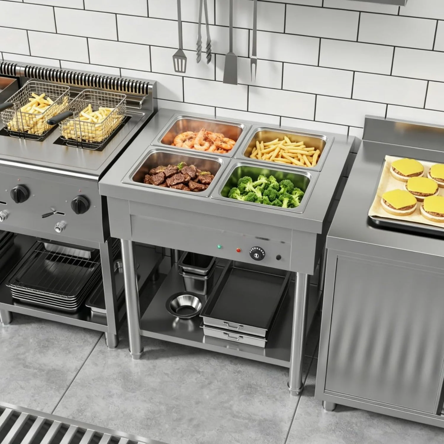 AECOJOY Commercial Food Warmer 1500W Electric Steam Table with 4x10QT Pans & Shelf