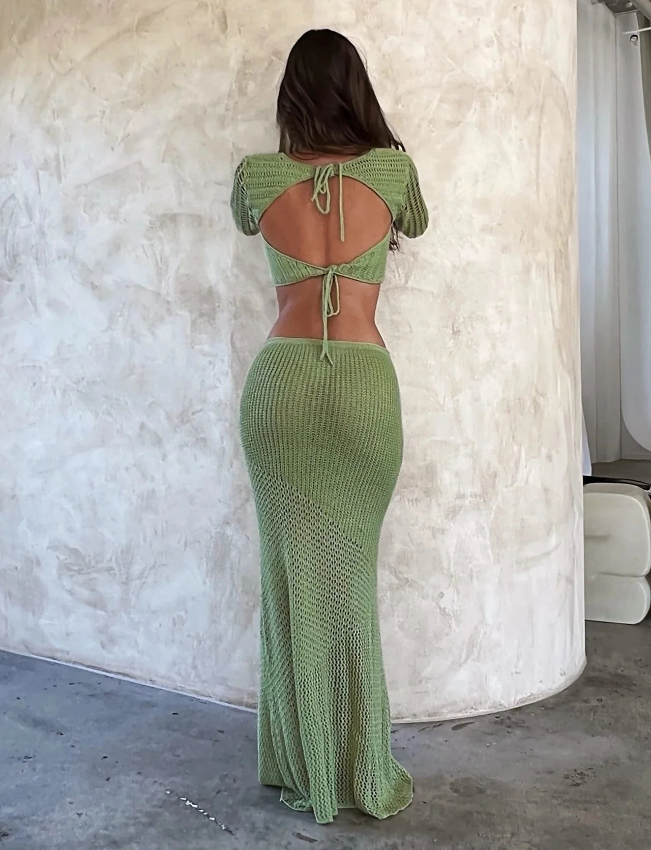 Ensemble jupe maxi 2 pièces en crochet pour femme avec haut à manches longues et découpe