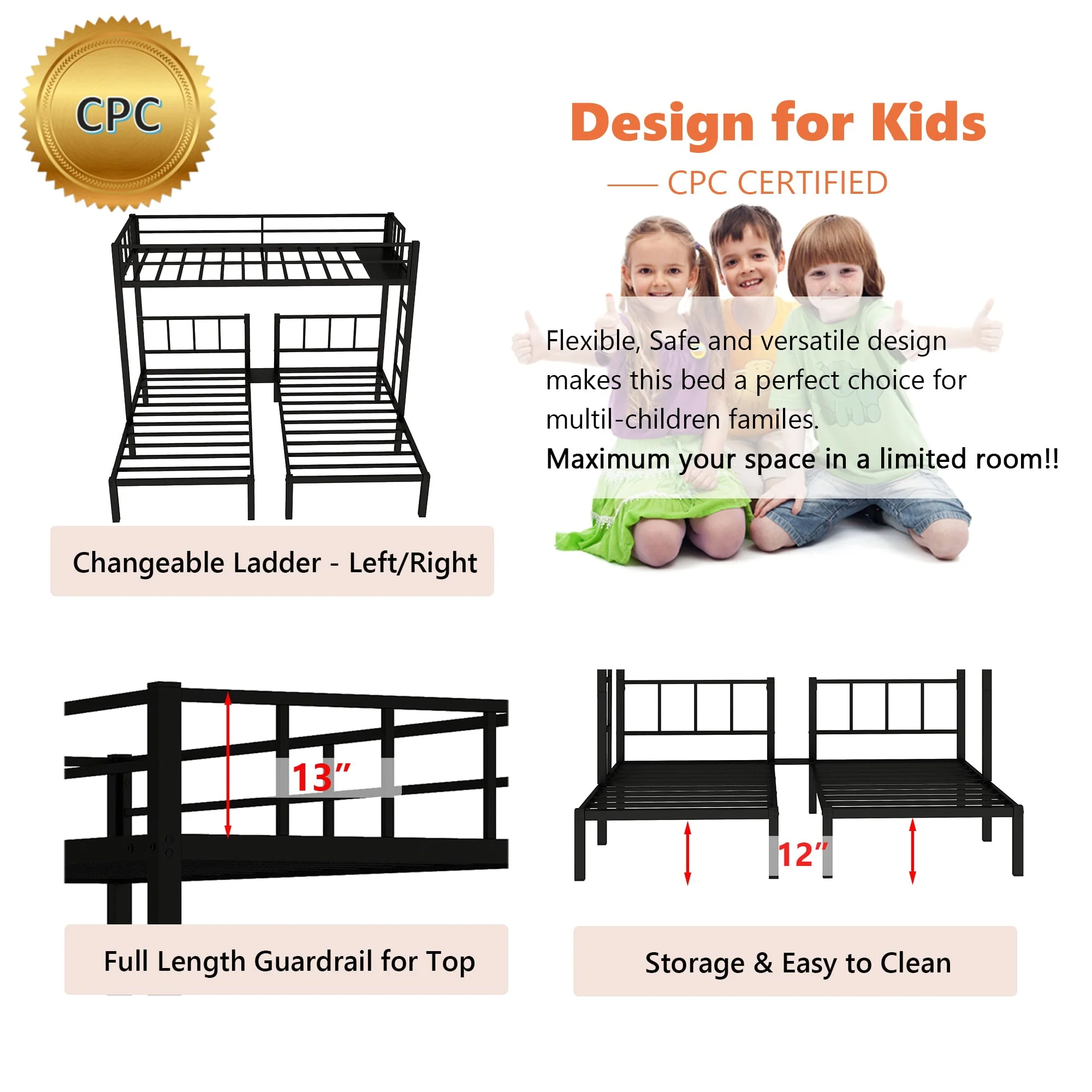 Metal Twin Triple Bunk Bed, Twin over Twin over Twin Bunk Bed for 3 Kids, Noise Reduced Structure, Separates Into 3 Twin Beds, Black - Image 7