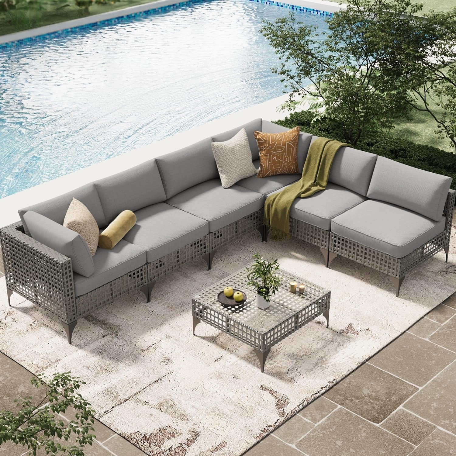 AECOJOY 7-Piece Patio Outdoor Furniture Set, Boho Outdoor Sectional Set, Grey&Light Grey