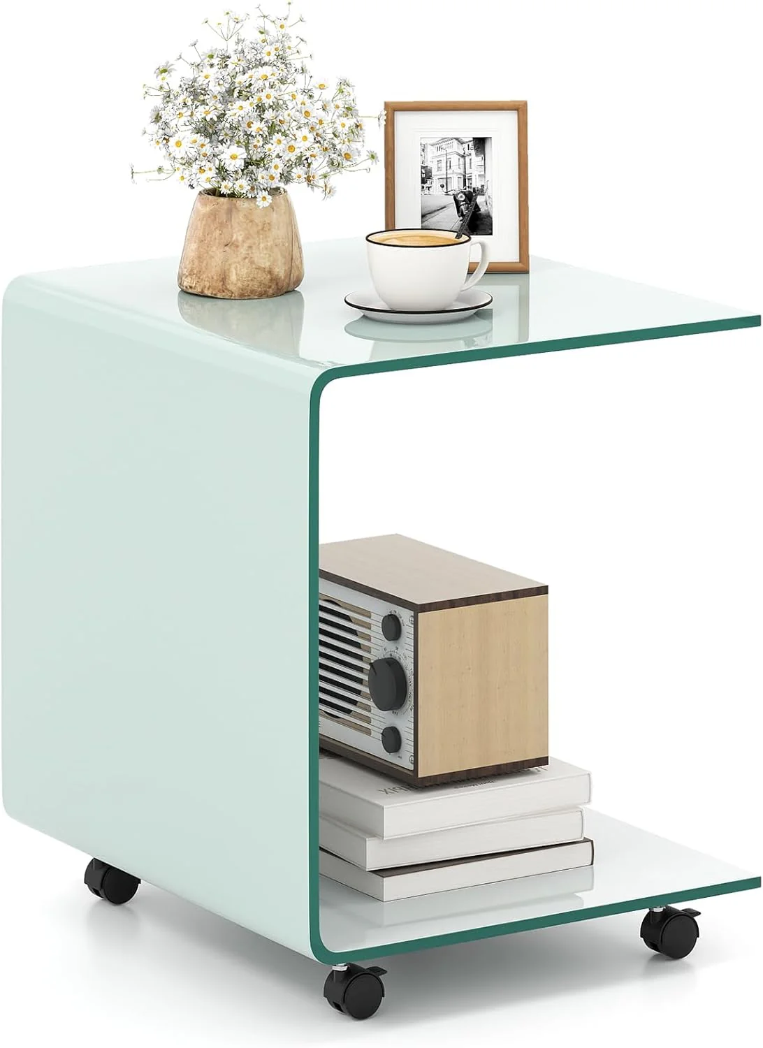 Tangkula Modern C-Shaped Tempered Glass Side Table