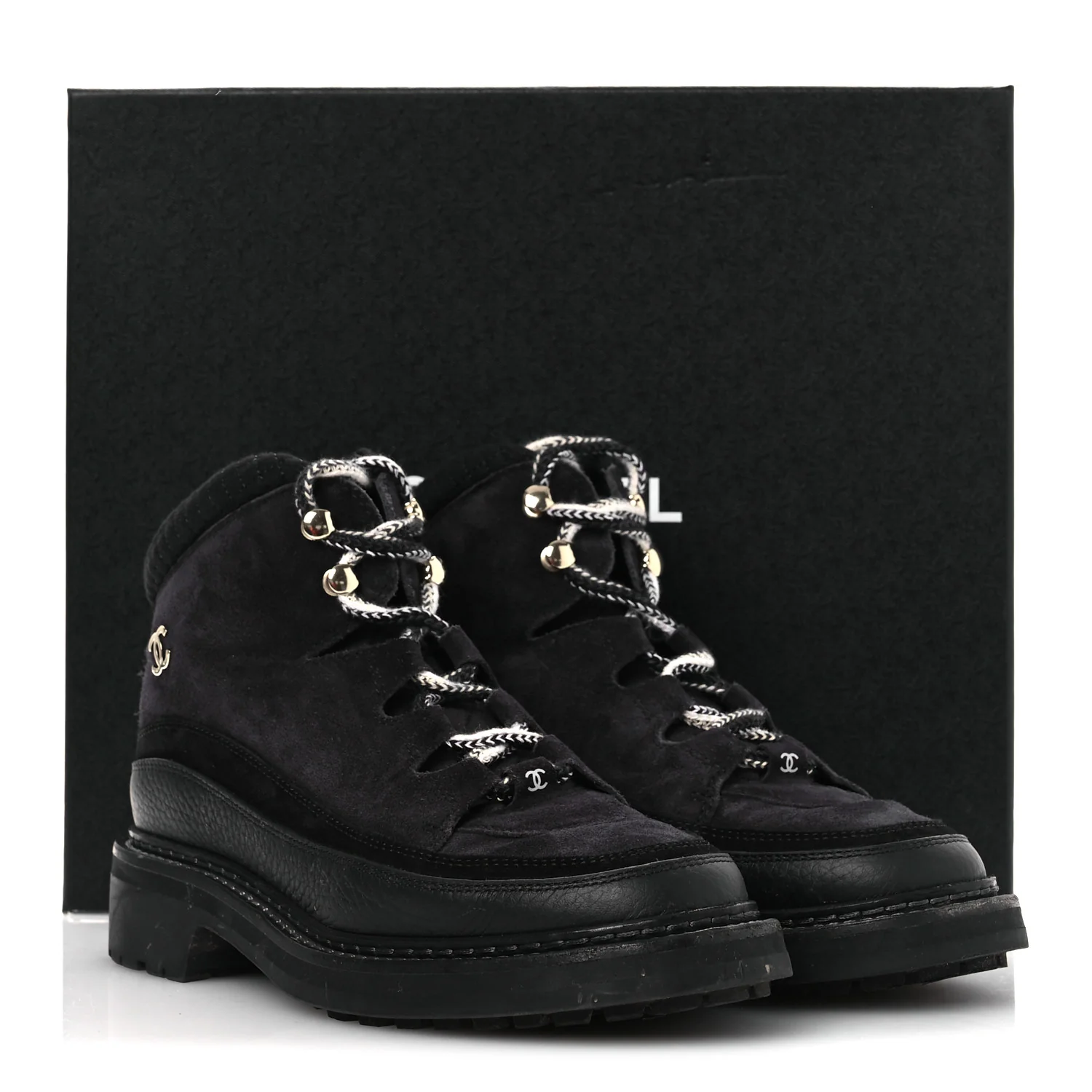 Suede Grained Calfskin CC Lace Up Boots 38 Black