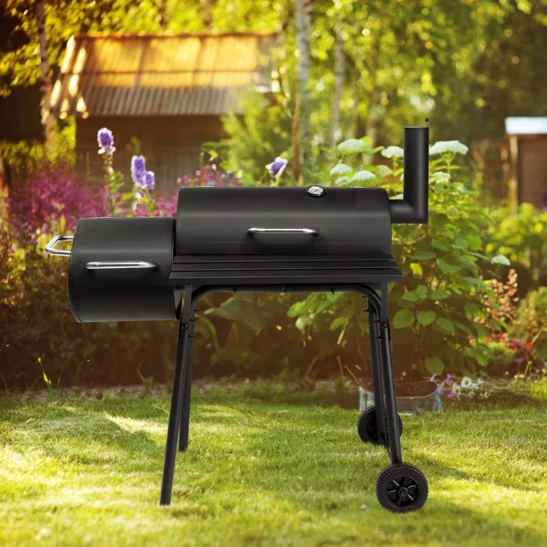 Barrel Charcoal Grill with Offset Smoker, Heavy-Duty Metal, Large Cooking Area, Mobile with Wheels for Backyard/Patio Gatherings - Image 3