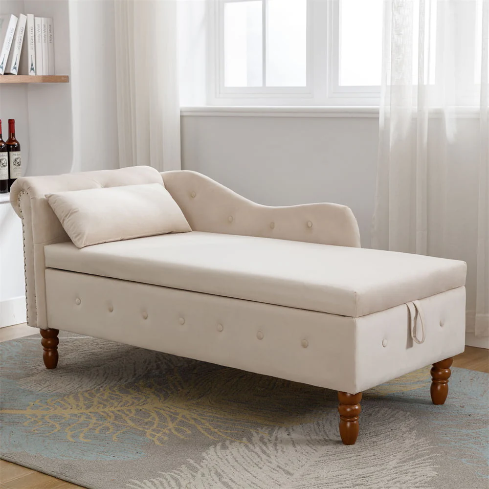 Storage Chaise Lounge, Upholstered Rolled Arm Chase Lounge with Nailhead Trim, Recliner Lounge Chair for Living Room Bedroom(Beige) Image 2
