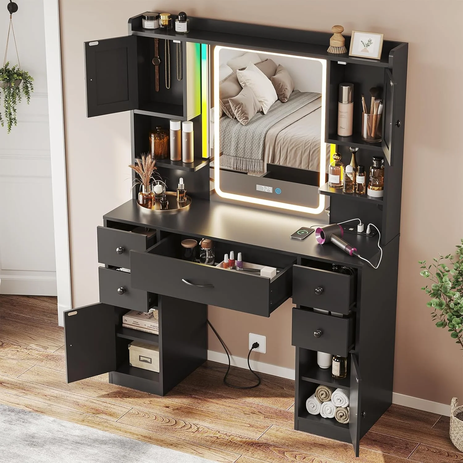Large Vanity Desk with Lighted Mirror, 5 Drawers Makeup Vanity with Charging Station and Smart Mirror, White(White) - Image 10