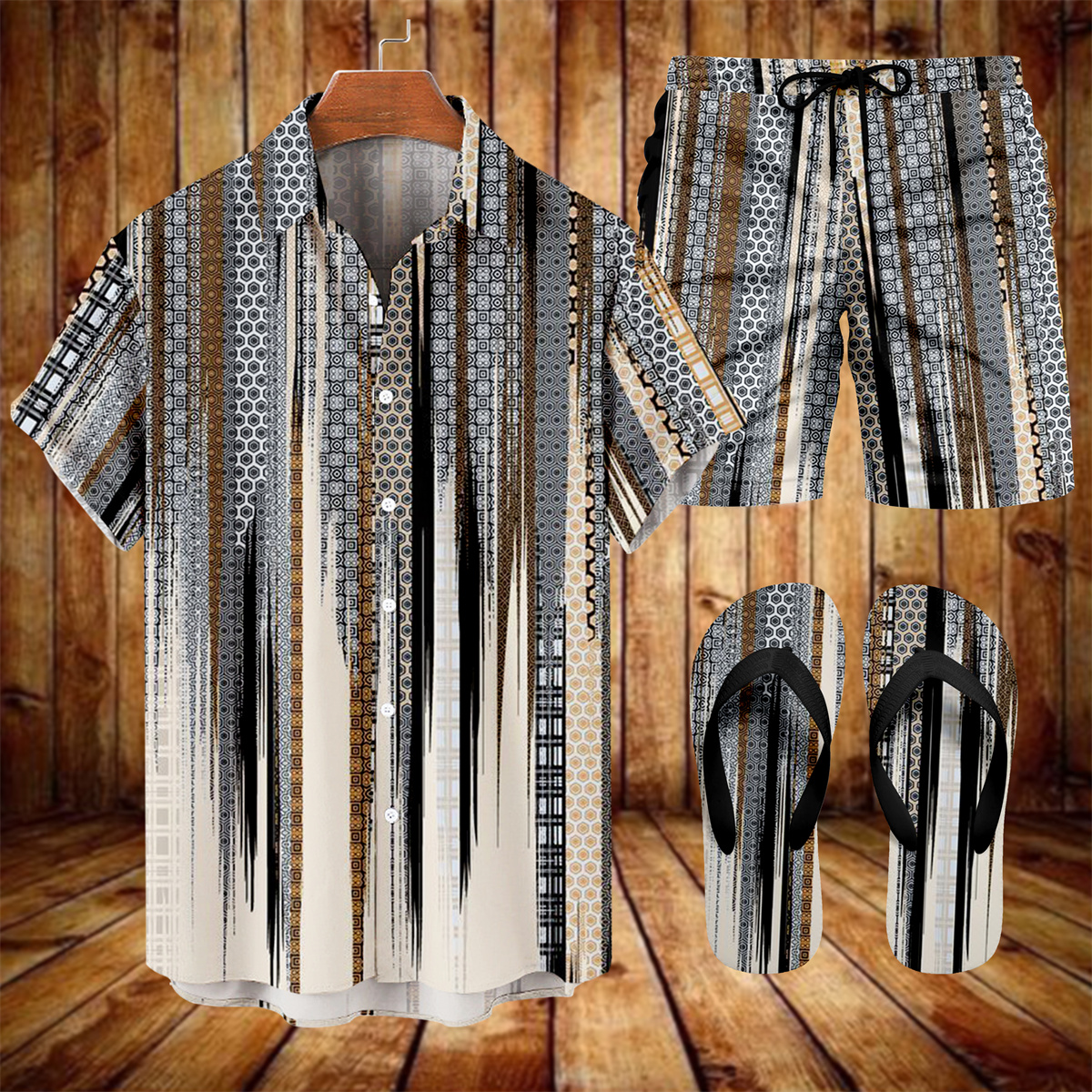 Suitmens Men's Tiki Party Hawaiian Vacation Print Three-Piece Set 016