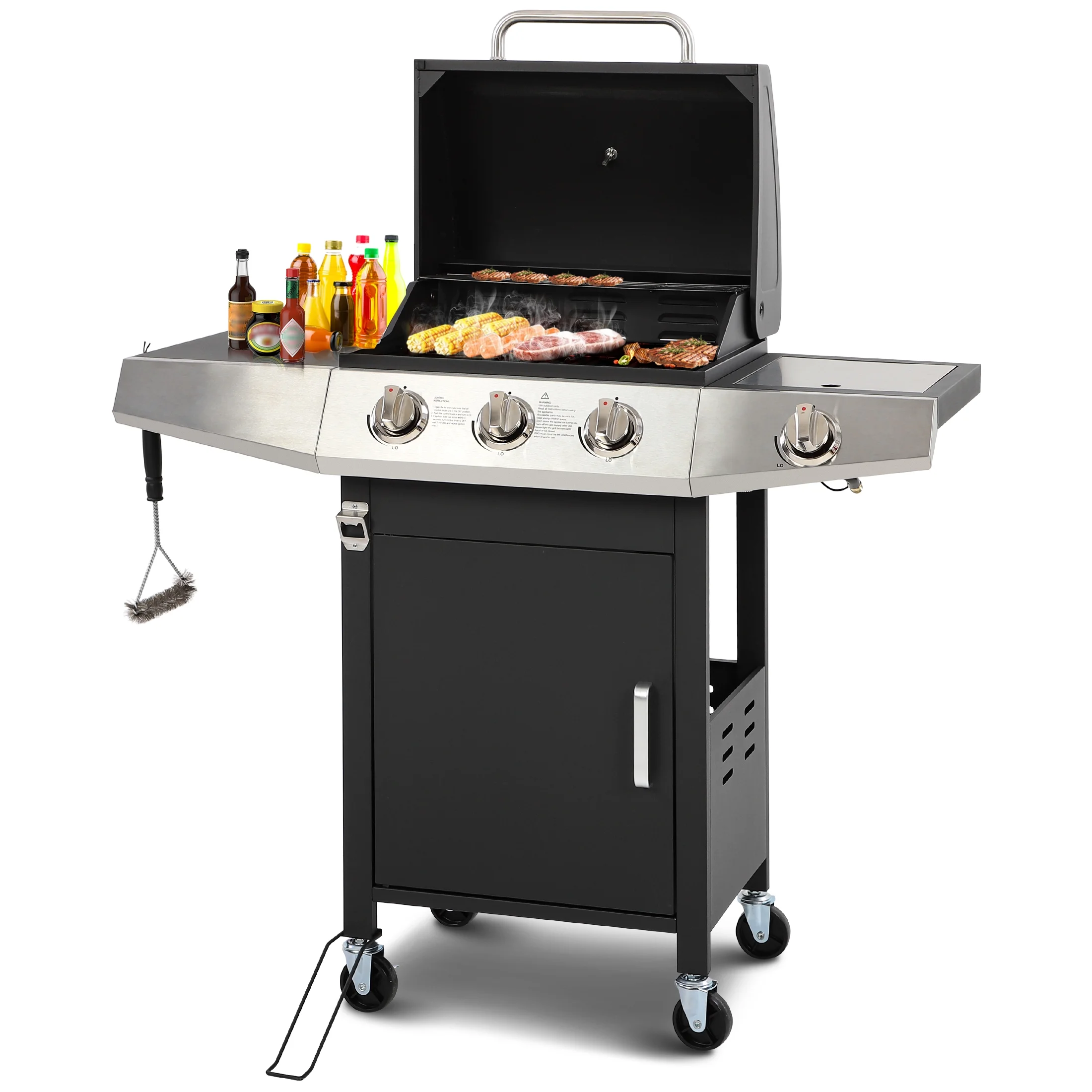 4-Burner Gas Grill with 4 Universal Wheels Bottle Opener, 40000BTU Outdoor Grill with Side Table for Camping, Black Sliver(4-Burner (40000 BTU)) - Image 10