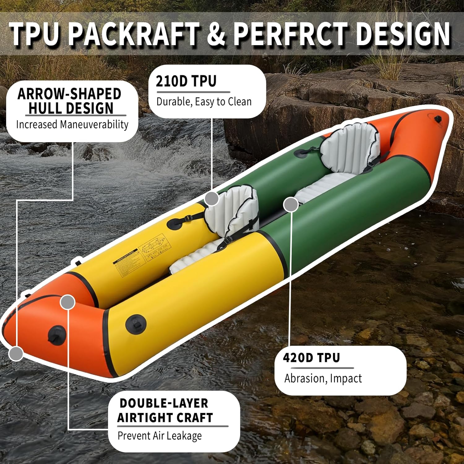Lightweight Packrafts Tpu Inflatable Kayak for Flat Water Rafting Camping Trip Fishing Water Adventures 1 Person 2 Person Packraft 330LB 660