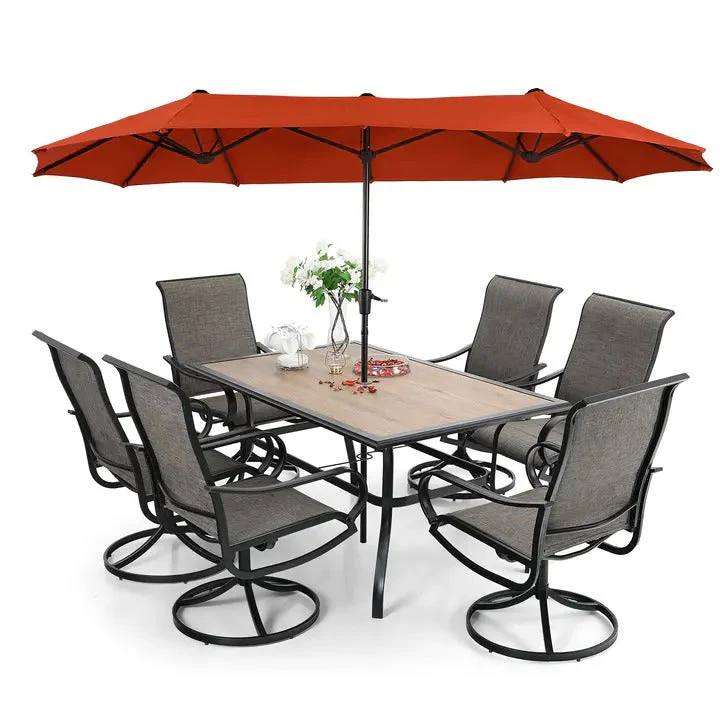Ensemble de salle à manger de patio 8 pièces avec parasol, ensemble de mobilier d'extérieur avec 6 chaises de salle à manger pivotantes en toile