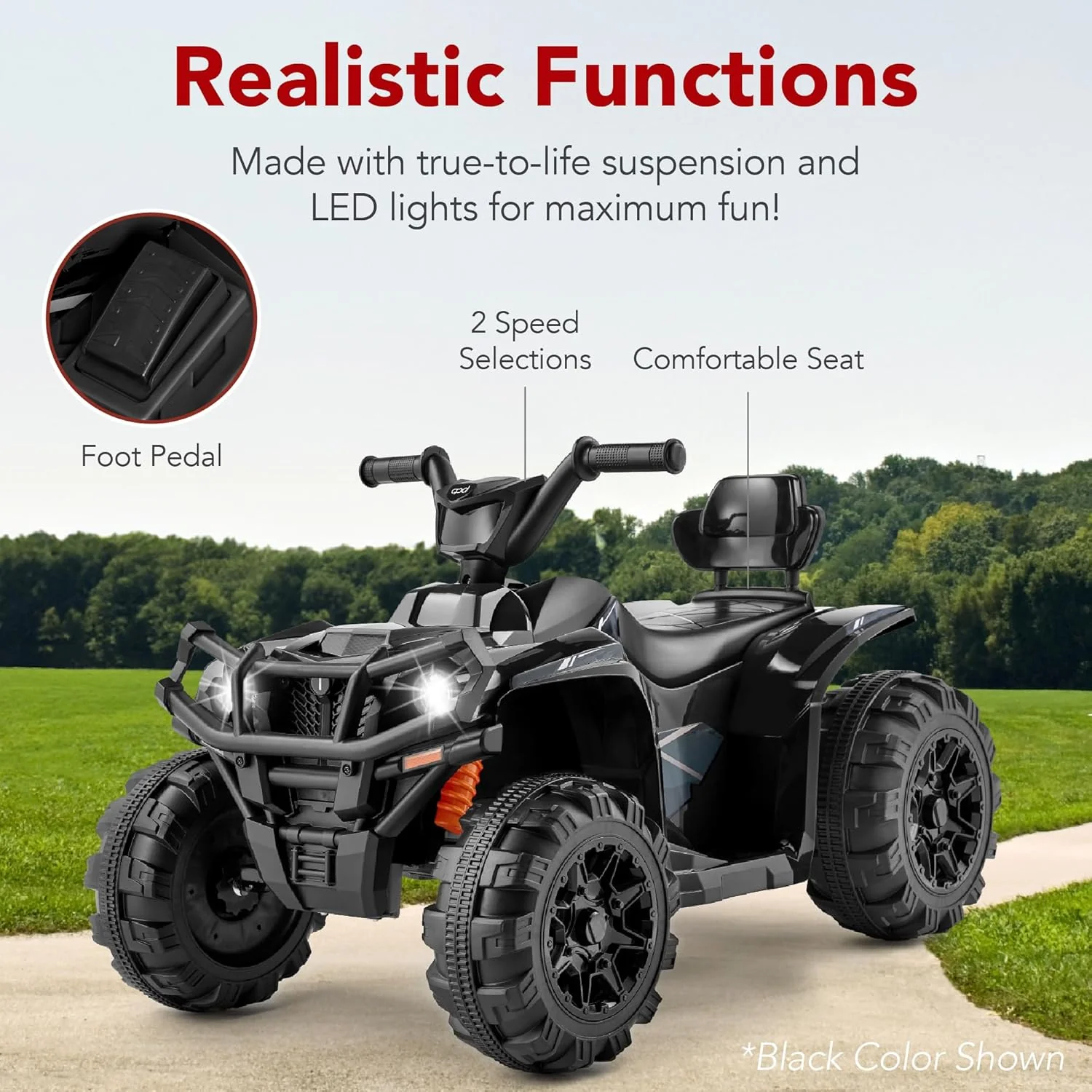 Quad électrique 12 V pour enfants Best Choice Products, véhicule tout-terrain à 4 roues avec audio Bluetooth, vitesse maximale de 3,9 km/h, pneus à crampons, phares LED et radio.