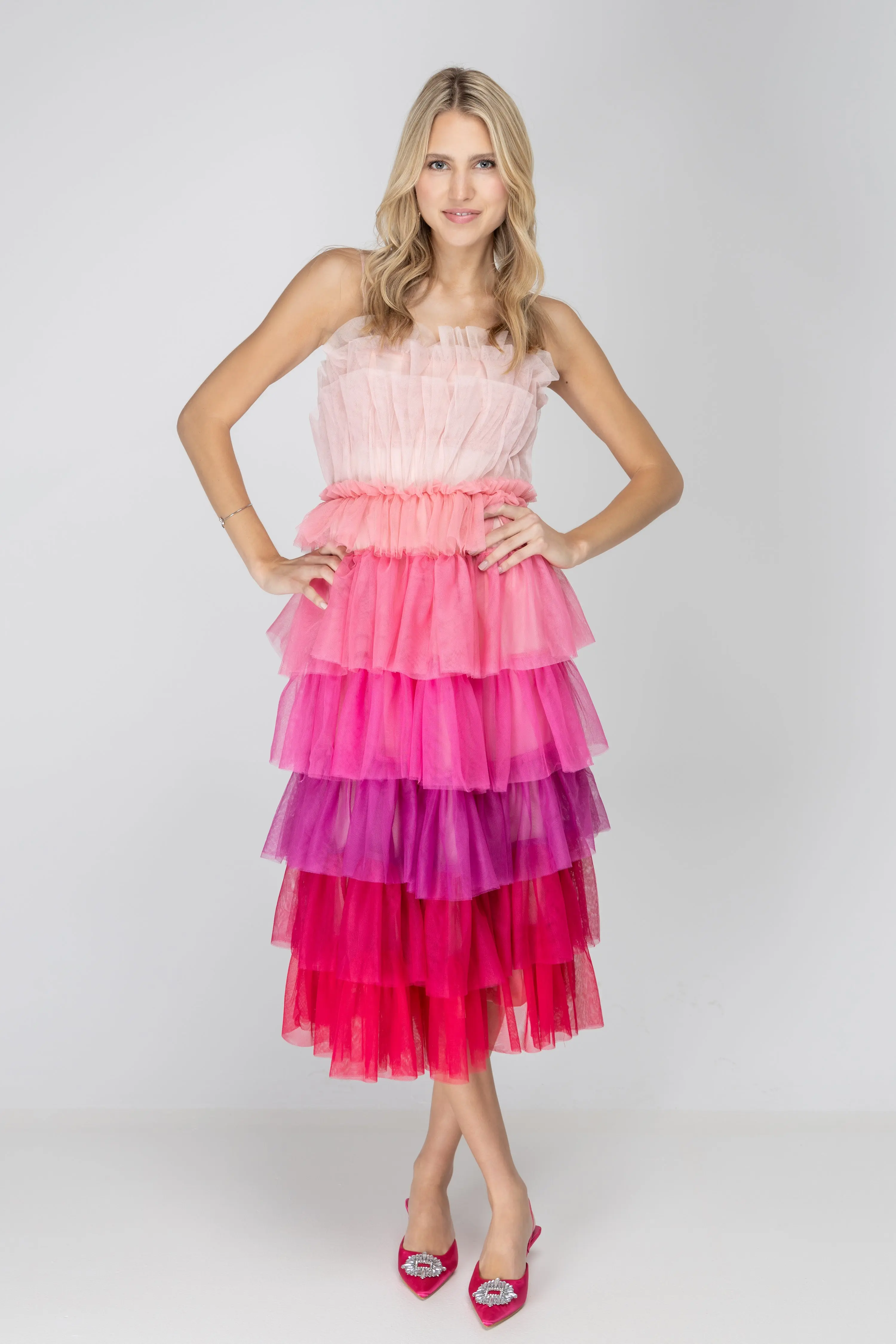 Pink Ombre Tulle Midi Dress