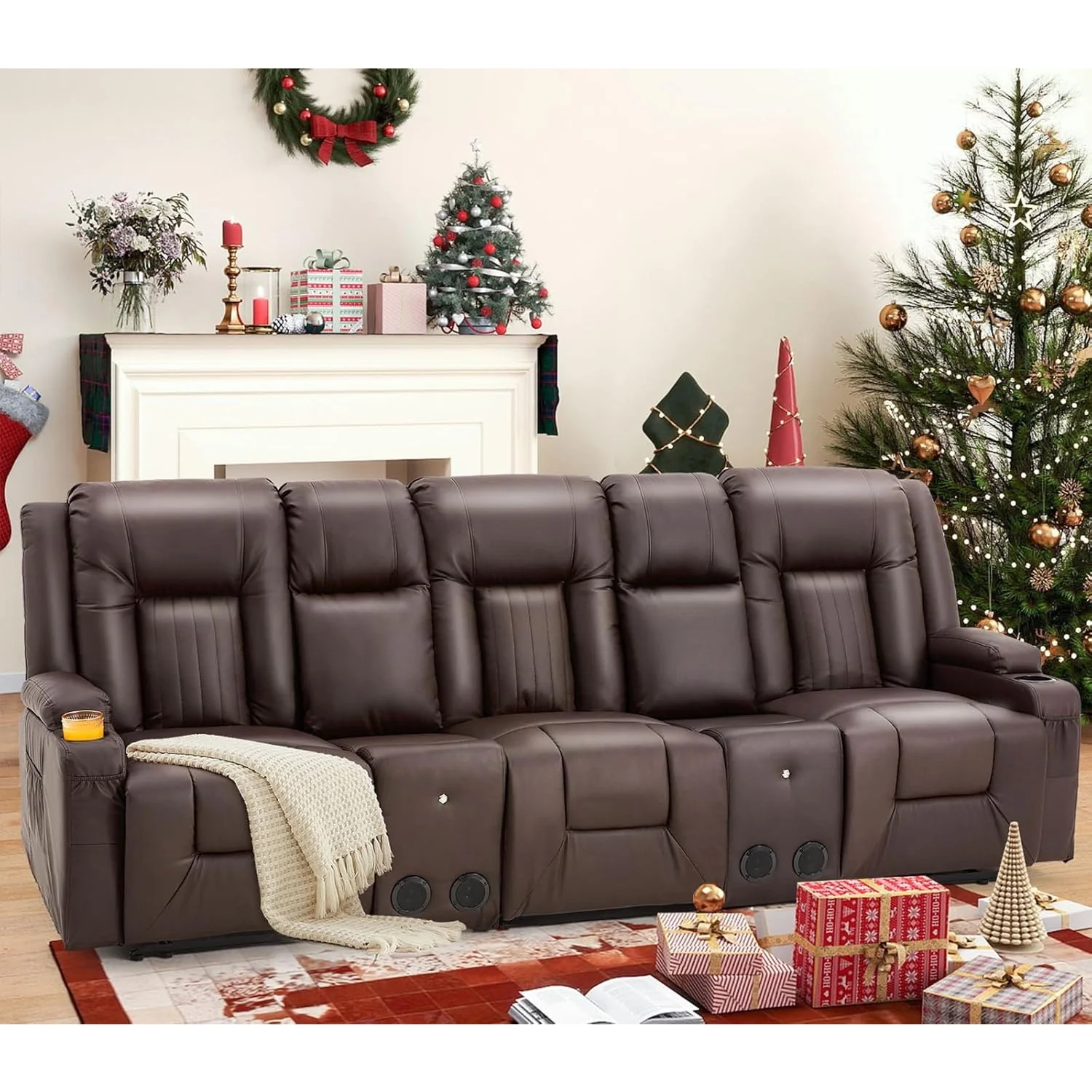 AECOJOY 3 Seater Recliner Sofa with 2 Console&Bluetooth Speakers, Brown