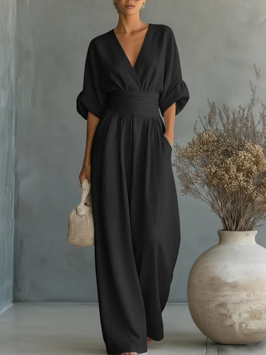 Combinaison élégante à col en V, taille haute et coupe ample
