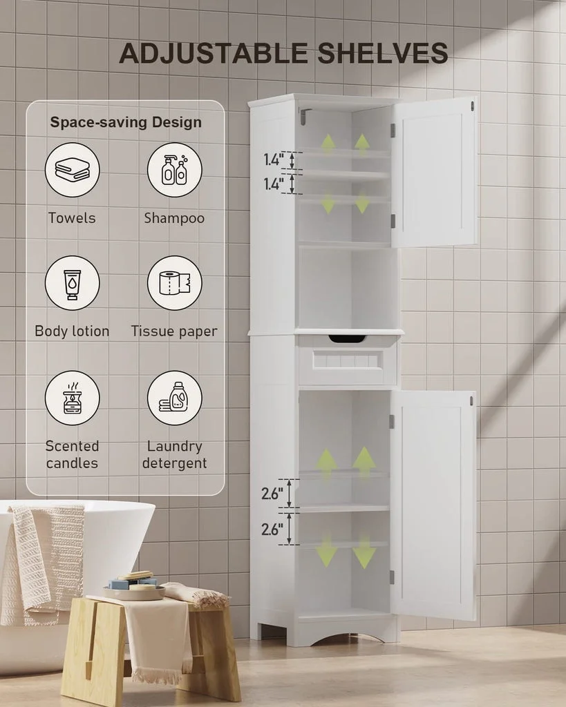 67"H Bathroom Storage Cabinet with 2 Doors and 1 Drawer for Bathroom, Bedroom, Kitchen, and Living Room White Image 8
