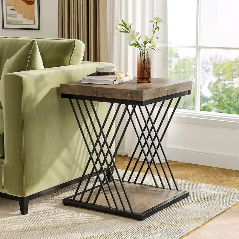 19.75-Inch Square Faux Marble End Table with Gold Accents - Modern Bedside & Living Room Table