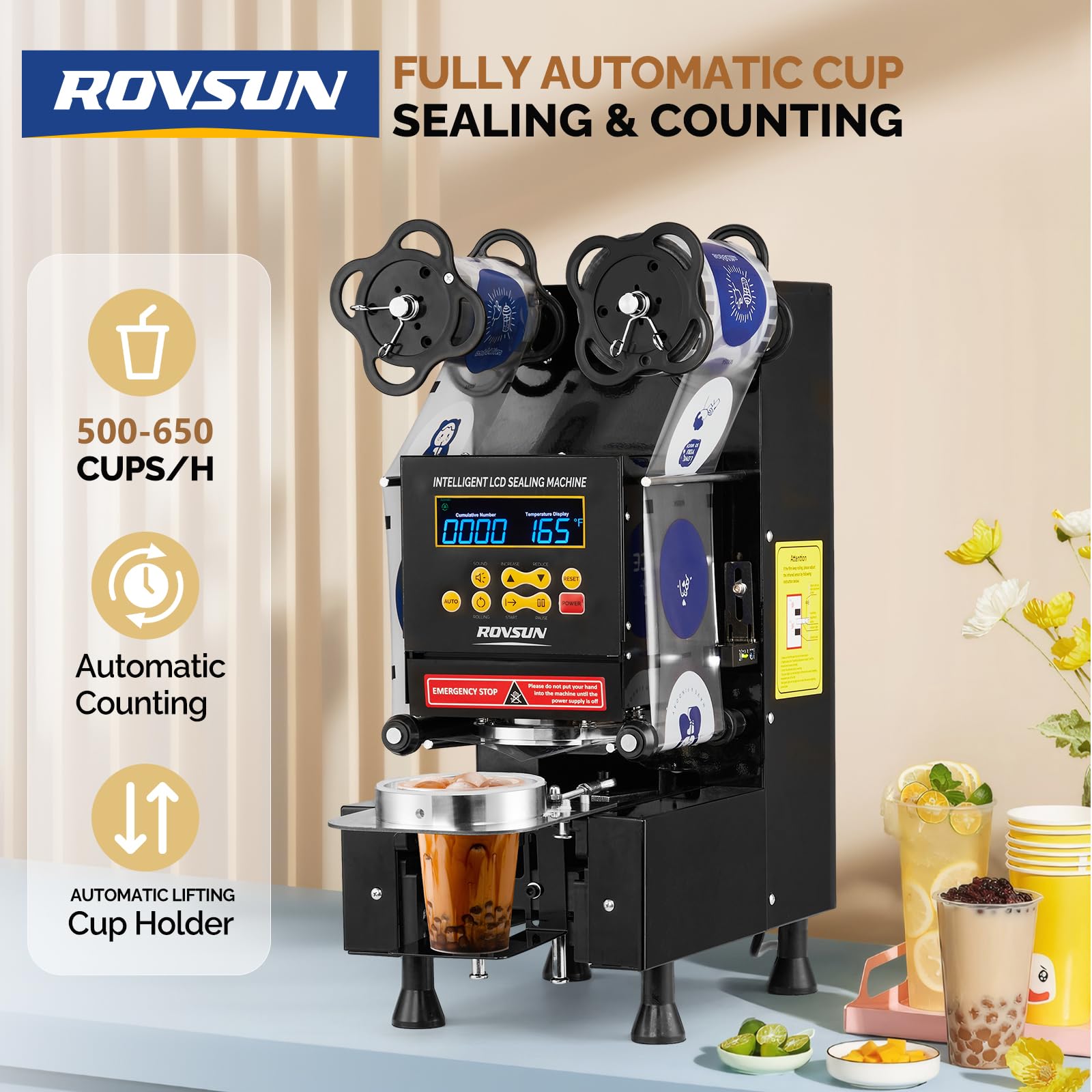 Cup Sealing Machine, Full Automatic Cup Sealer Machine 88/89/90/95mm, Electric Cup Sealing Machine 500-600 Cups/H, Bubble Tea Machine with Digital Control LCD Panel for Bubble Milk, Black