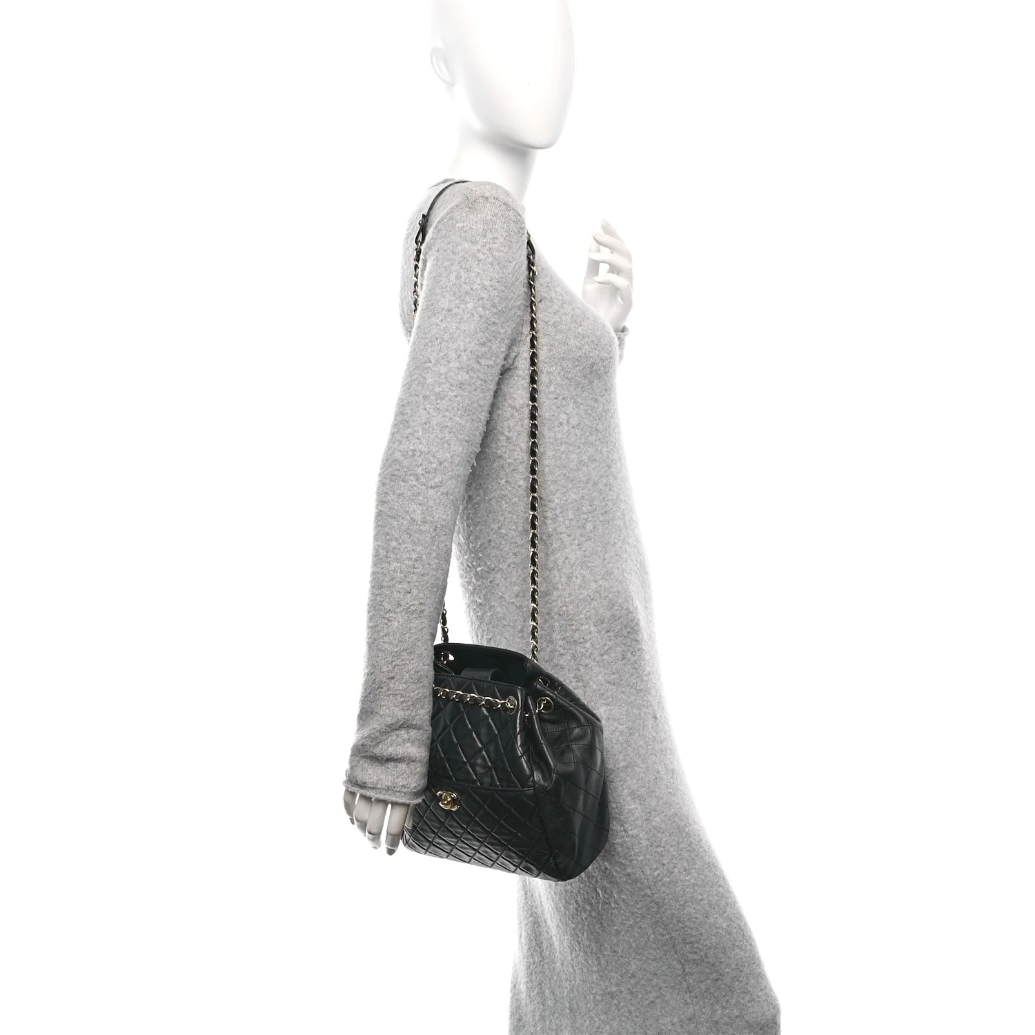Lambskin Quilted Drawstring Bag Black