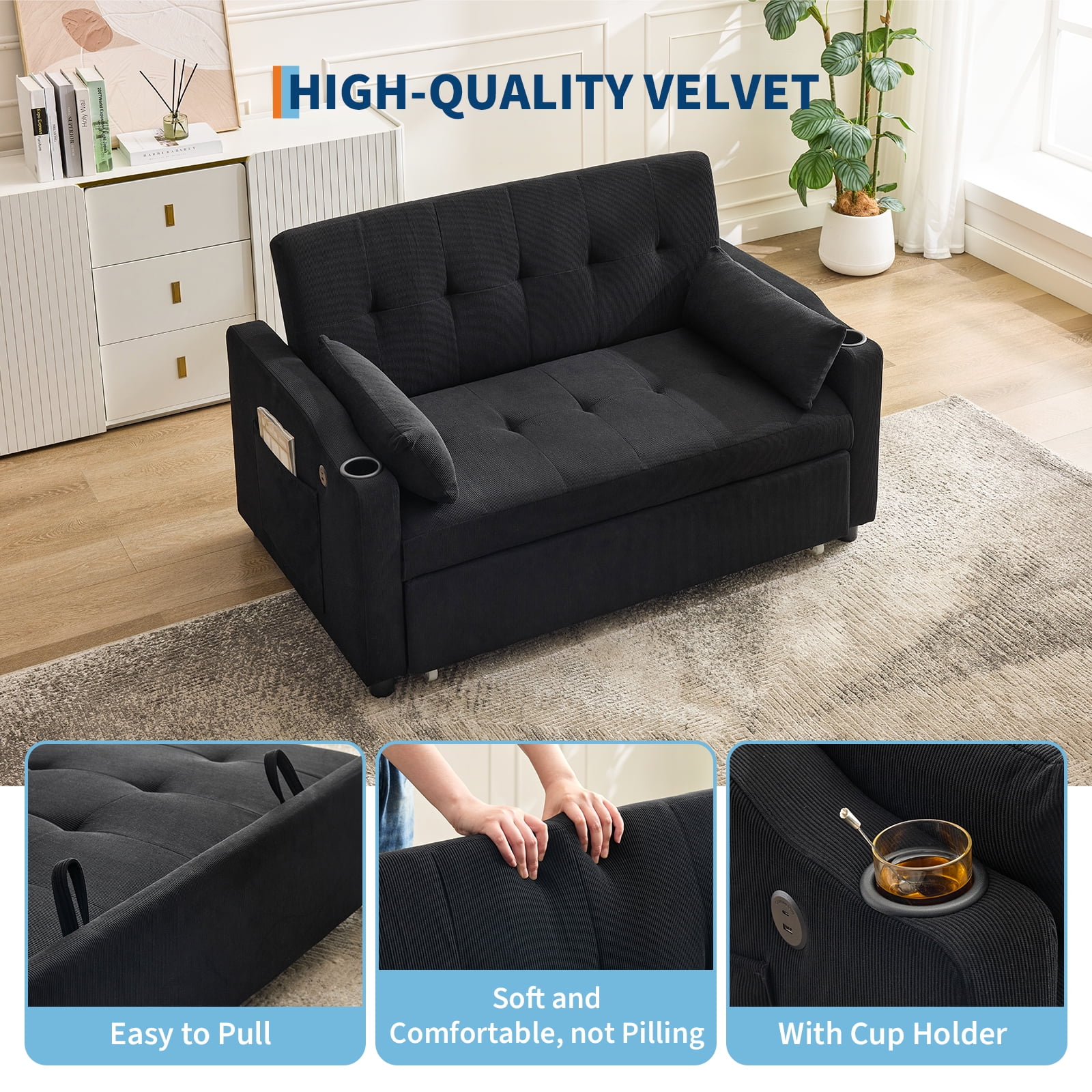 3 in 1 Convertible Sleeper Sofa Bed, Corduroy Futon Couches with Pull-Out Bed, Adjustable Backrest, Charging Port Side Pockets, Modern Upholstered Sofa for Living Room, Guest Room(Queen/Corduroy | Black) - Image 4