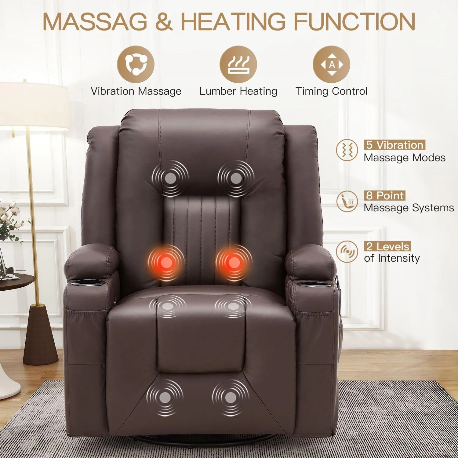 AECOJOY 3 PCS Leather Recliner Sofa Set with Swivel Massage Chair, Brown