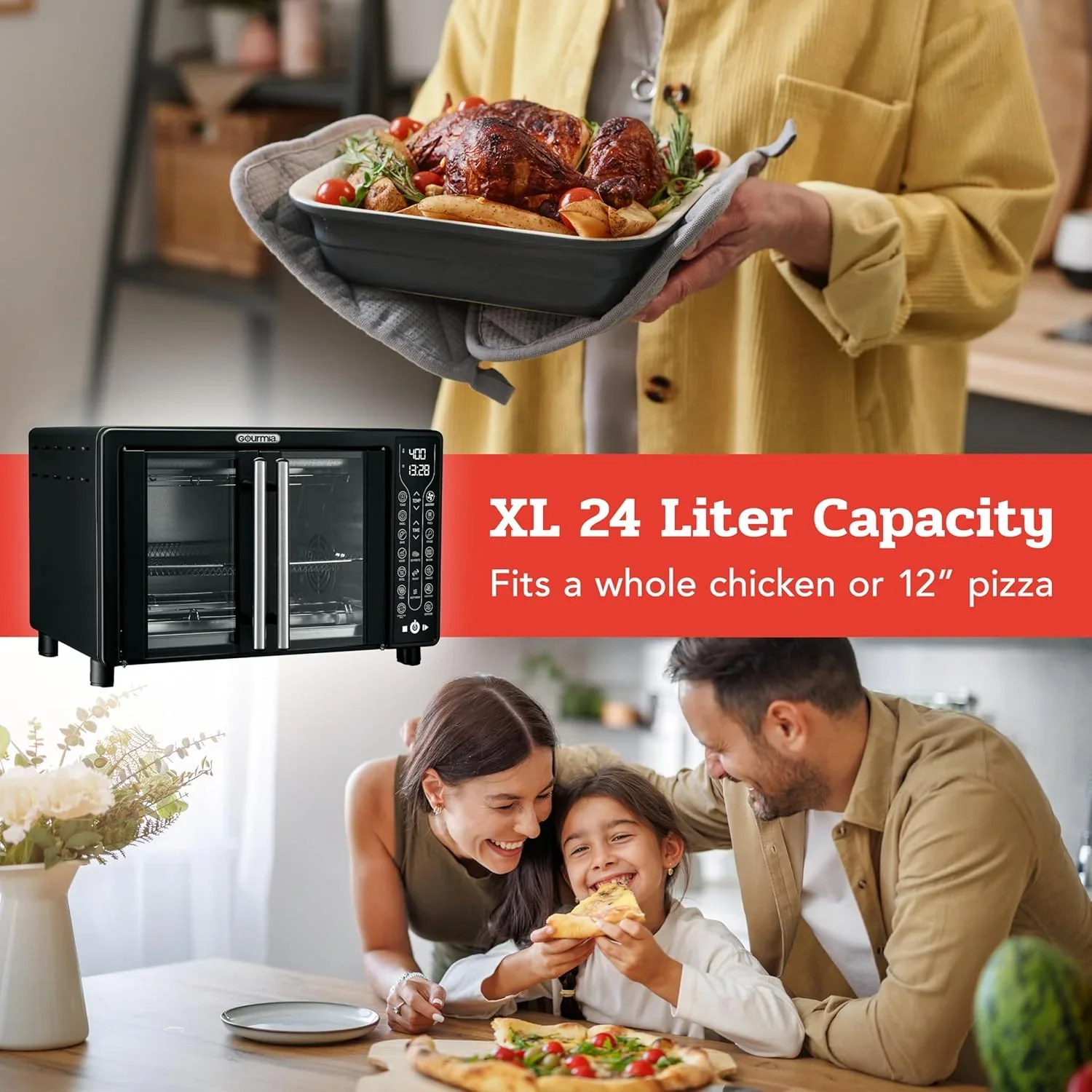 Four Gourmia avec friteuse à air chaud, 17 programmes de cuisson prédéfinis, capacité de 24 L et grille à convection.