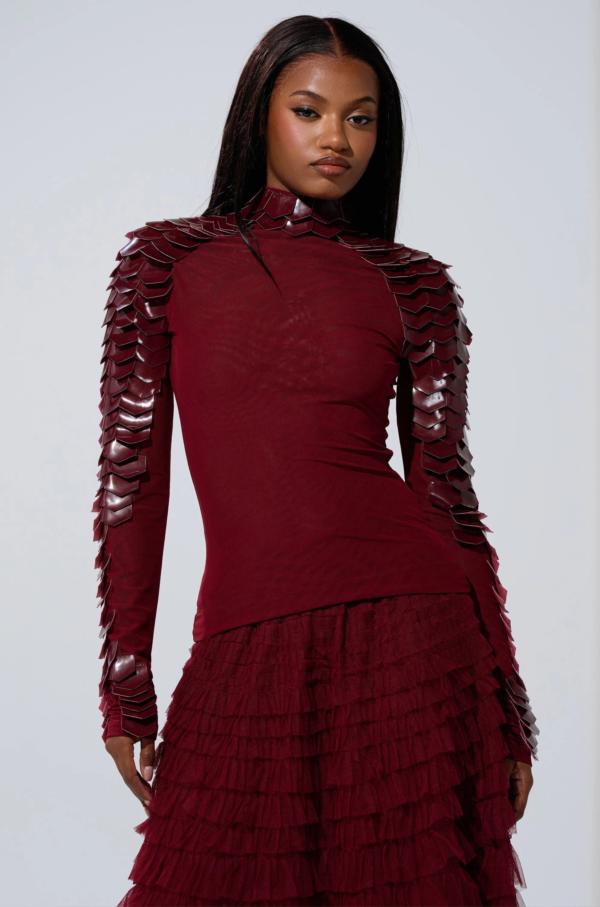VELMA VINYL SCALE TOP IN BURGUNDY - Akira Store