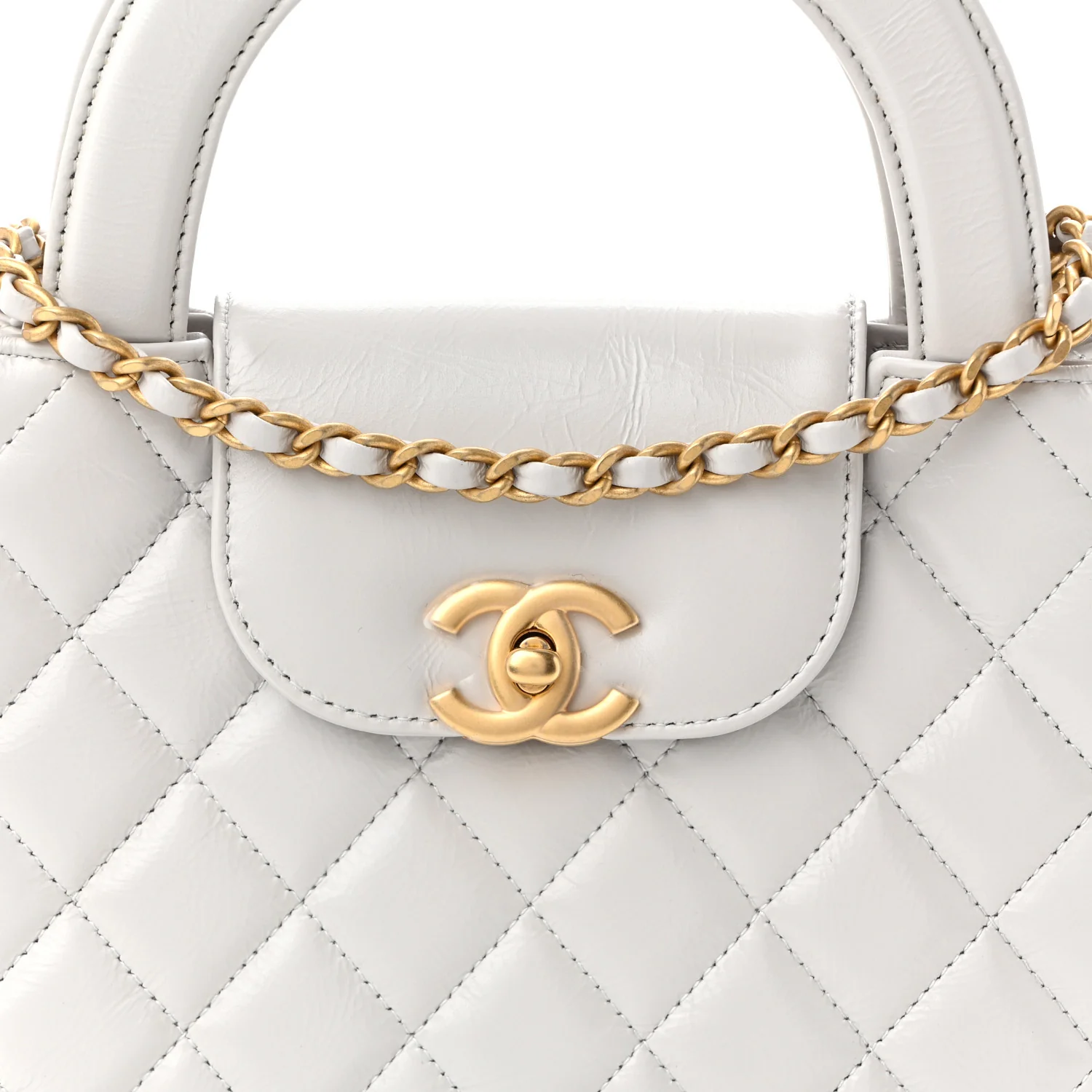 Shiny Aged Calfskin Quilted Nano Kelly Shopper Light Grey