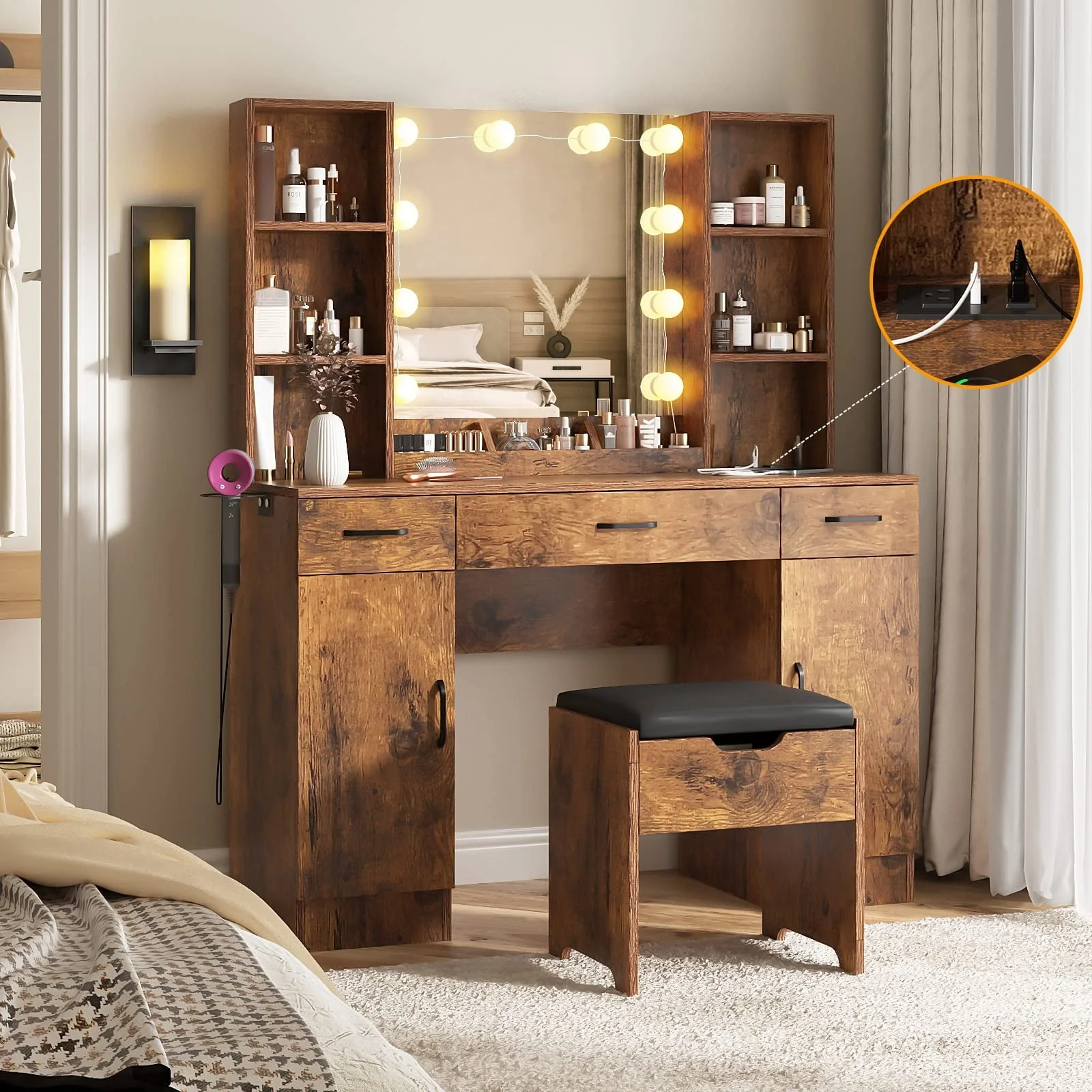 Large Makeup Vanity Set with Lights, White Bedroom Makeup Vanity Table with Storage, 3 Adjustable Lighting Colors, Modern, 45.2in(Black) - Image 4