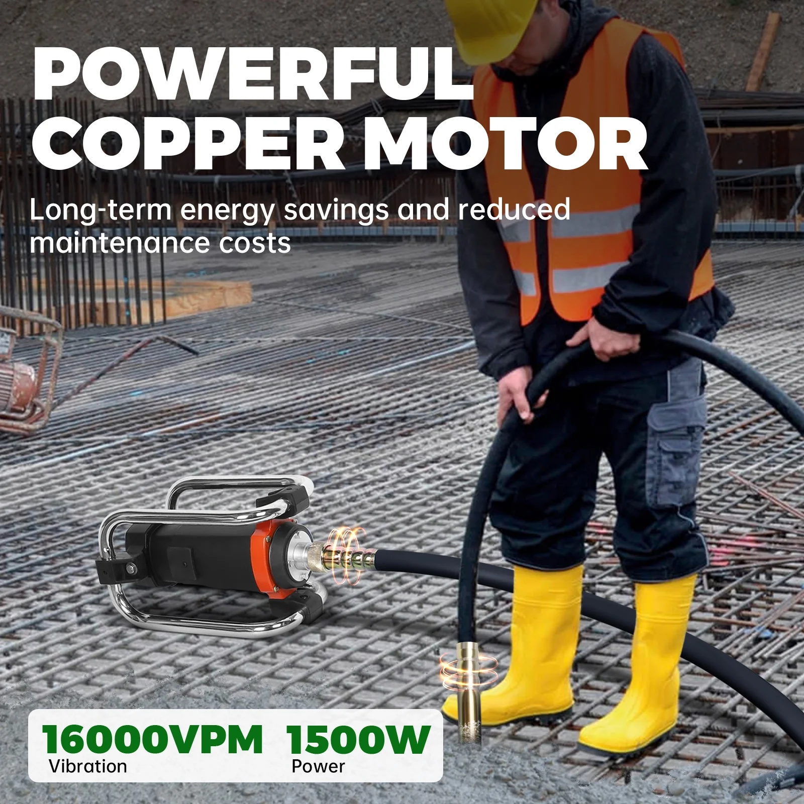 16,000 VPM Concrete Vibrating Tool, Concrete Vibrating Tool Equipped With 14.75FT Steel Vibrating Rod And Stainless Steel Roll Cage, Suitable For Removing Bubbles From Construction Cement - Image 4