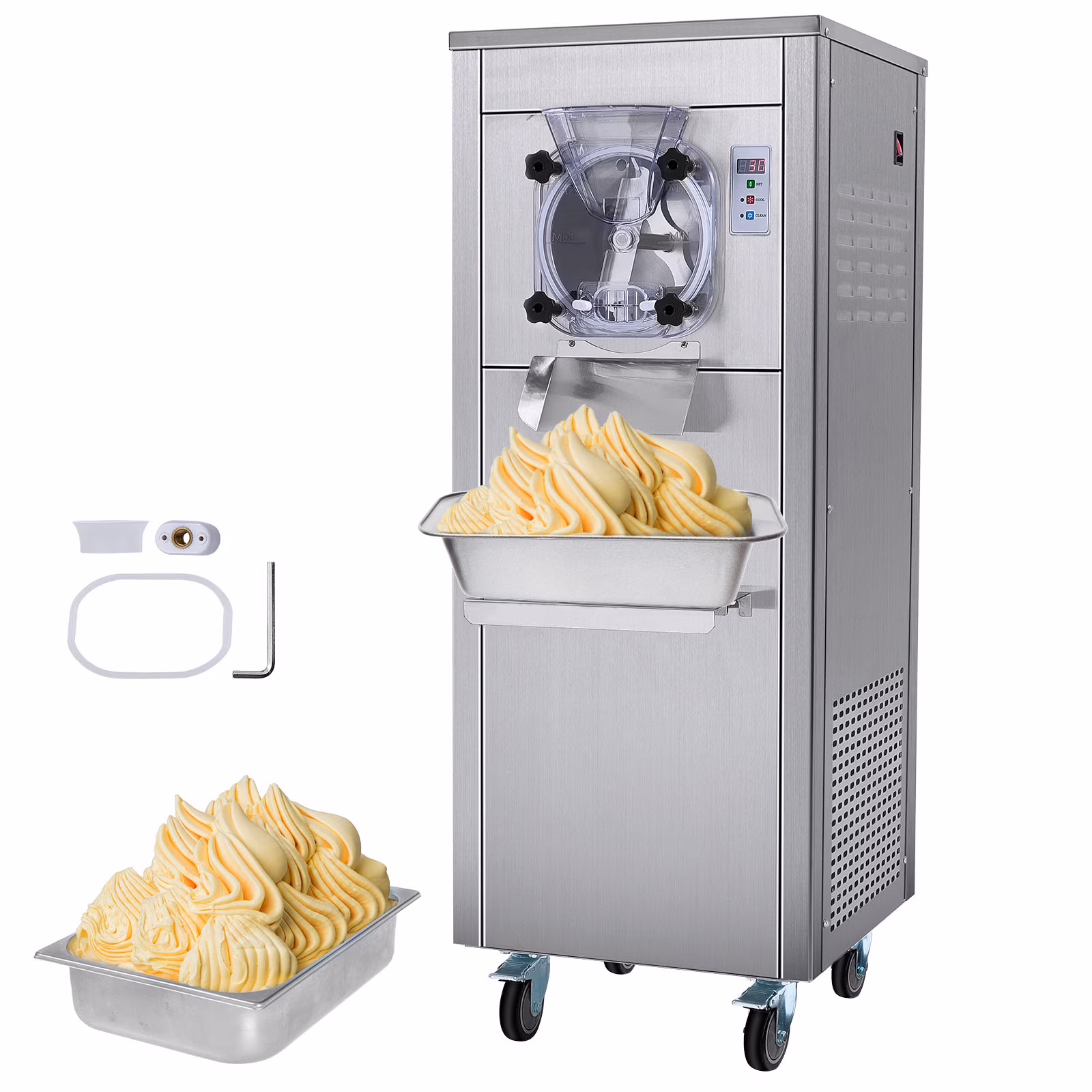 Commercial Ice Cream Machine, 18L/Hour Output, 1780W, Single Flavor, Mobile with Wheels, 6L Stainless Steel Cylinder, LED Screen, Auto Clean Pre-cool