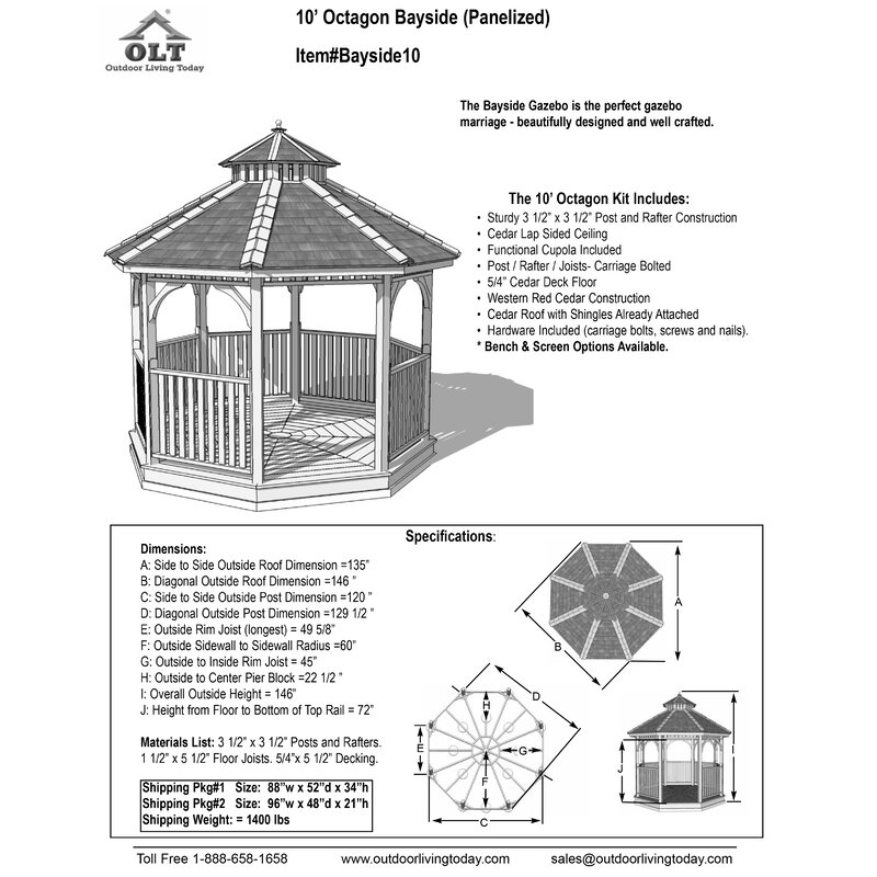 Gazebo de patio en cèdre Bayside de 3 m de large x 3 m de profondeur