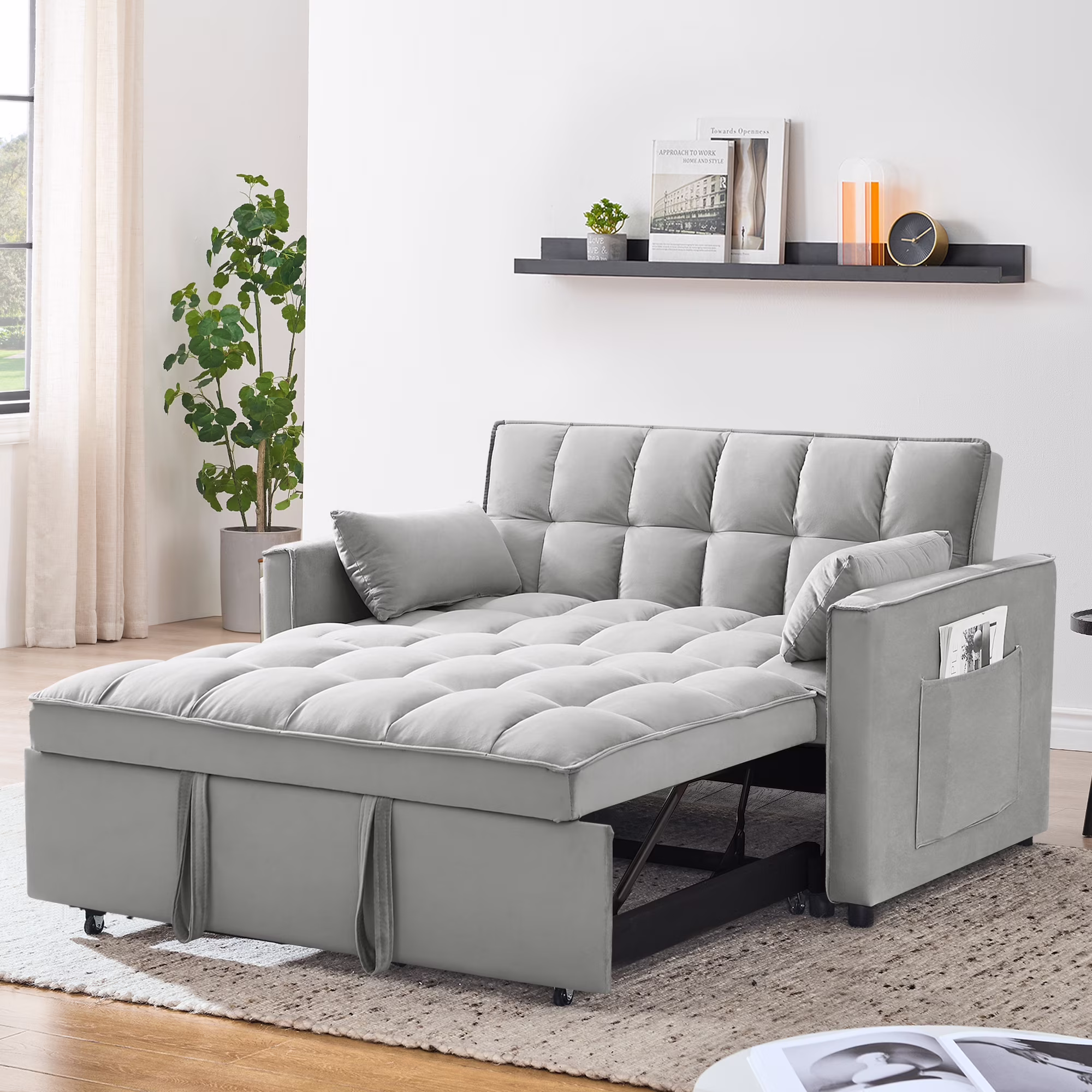 55 Inch Convertible Futon Sofa Bed,Modern Loveseat Sleeper Sofa Couch with Pull-Out Sofa Bed for Living Room,Small Space Black(Black02) - Image 3