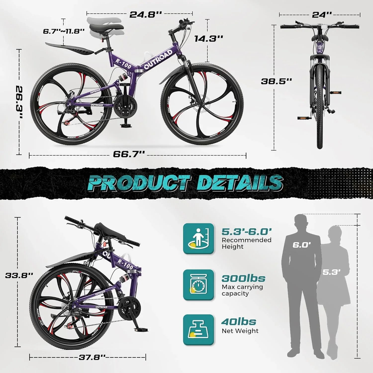 SUNCROWN 26 Inch Folding Mountain Bike, 21 Speed Full Suspension High-Carbon Steel MTB Foldable Bicycle, Dual Disc Brake Non-Slip Folding Bikes for Adults/Men/Women, Black