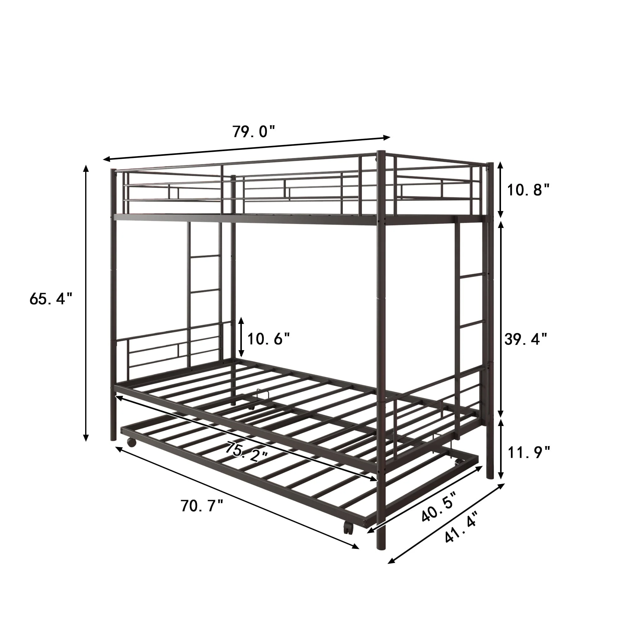 Twin Over Twin Bunk Bed with Trundle, Metal Bunk Beds for Kids Adults Teens, Bed Frame Can Be Divided Into 2 Twin Beds with 2 Side Ladders, Metal Support Slat, Safety Guard Rail, Black Image 6