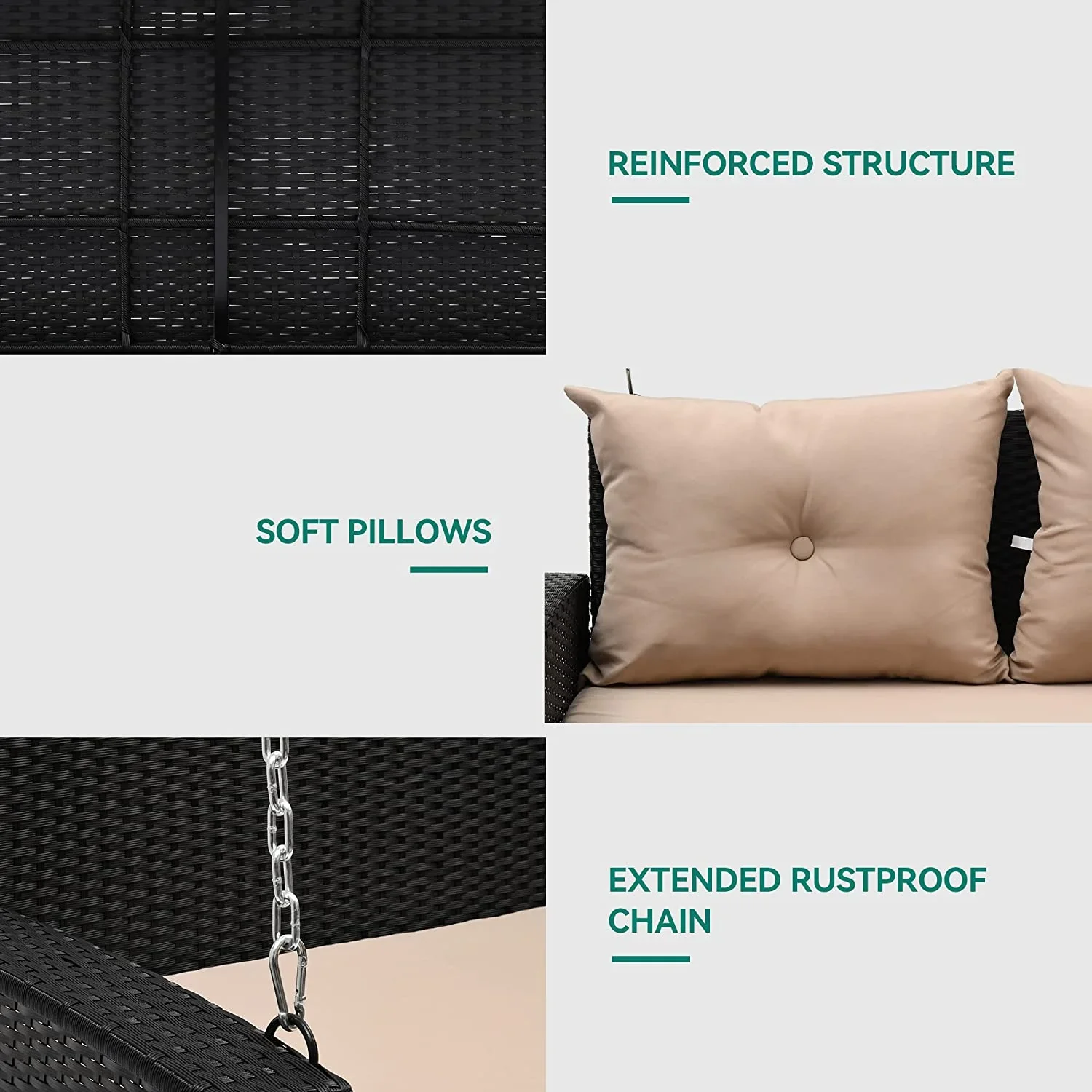 Craftian 2-Seats Wicker Hanging Porch Swing Chair Outdoor Black Rattan Patio Swing Lounge w/ 2 Back Cushions Capacity 770lbs for Garden, Balcony, Living Room, Beige